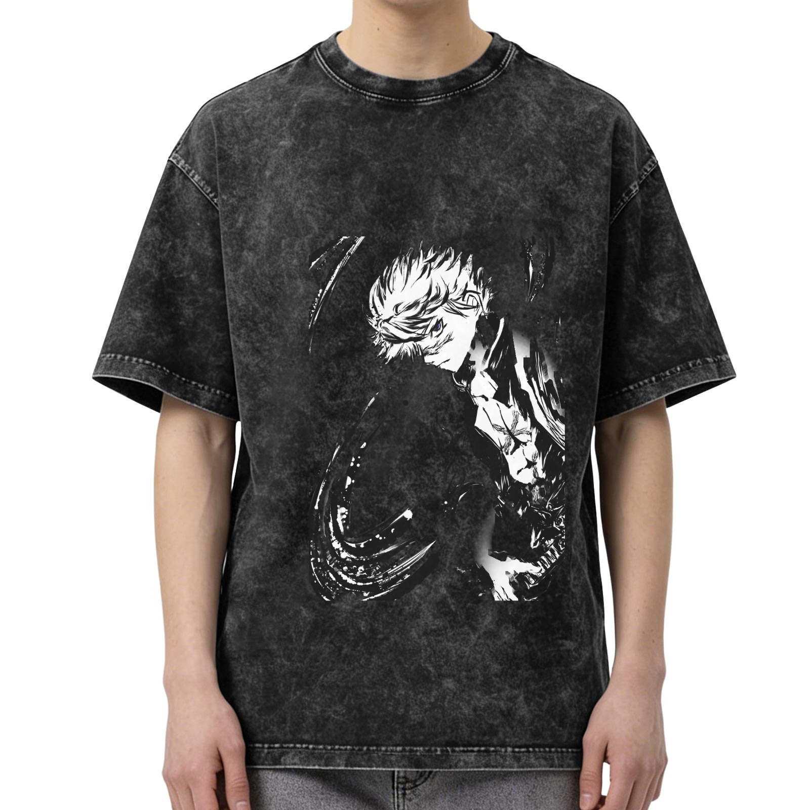 Oversized Acid Wash Black Anime Graphic T-Shirt