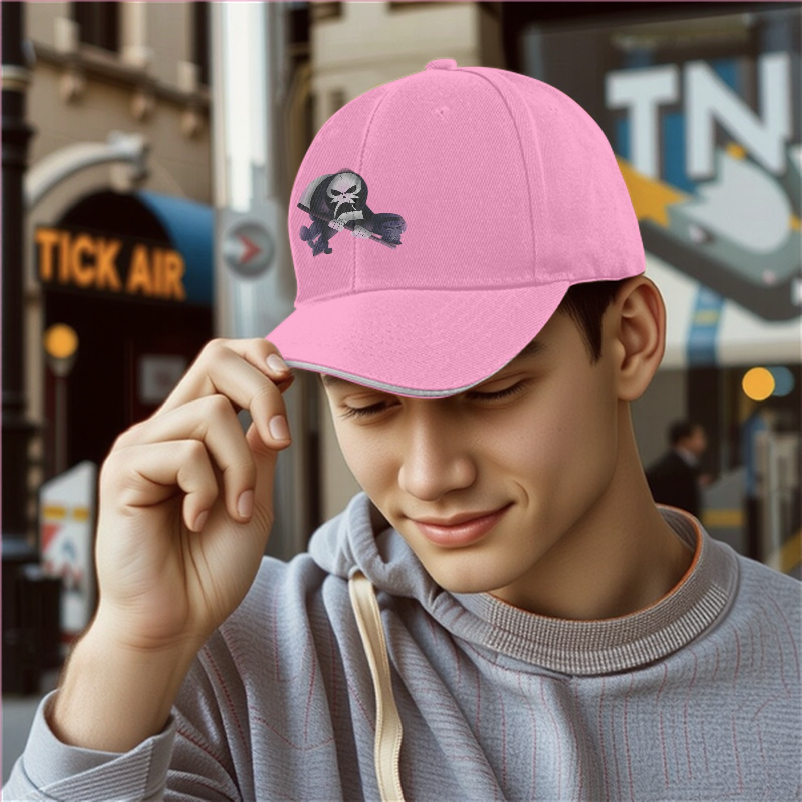 Black Baseball Cap With Grim Reaper Graphic Print