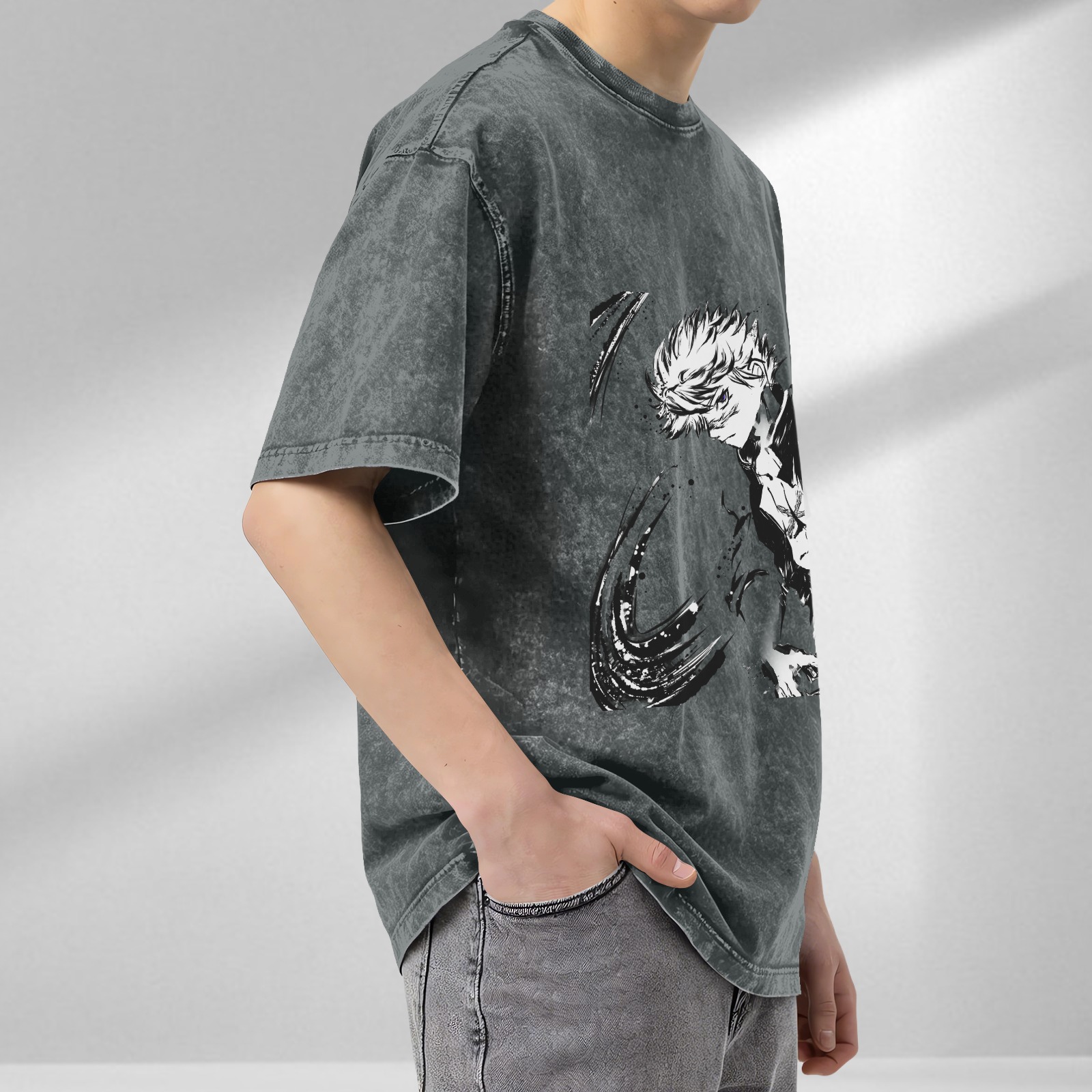 Oversized Acid Wash Black Anime Graphic T-Shirt