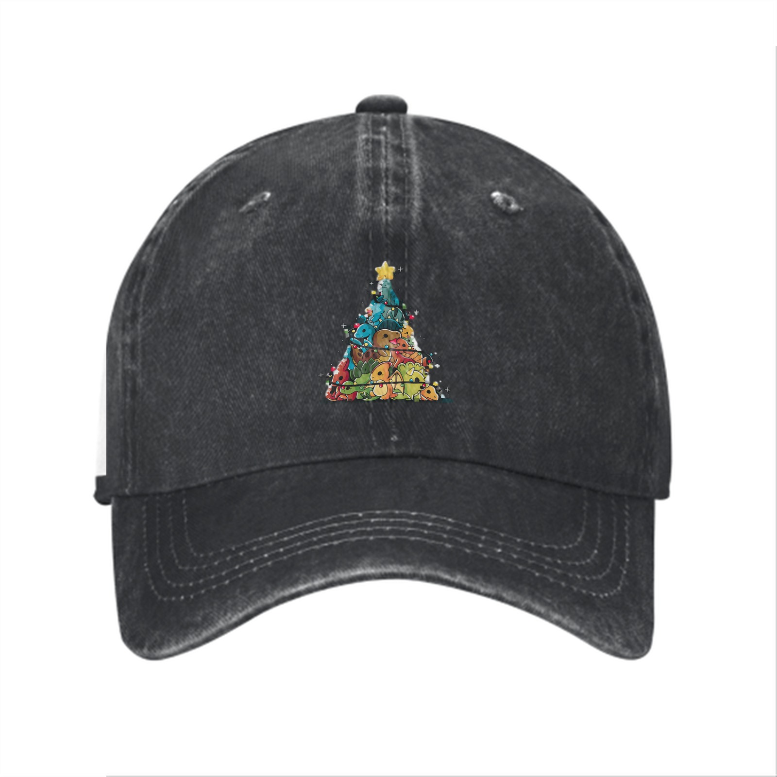 Washed Black Baseball Cap With Dinosaur Christmas Tree Print