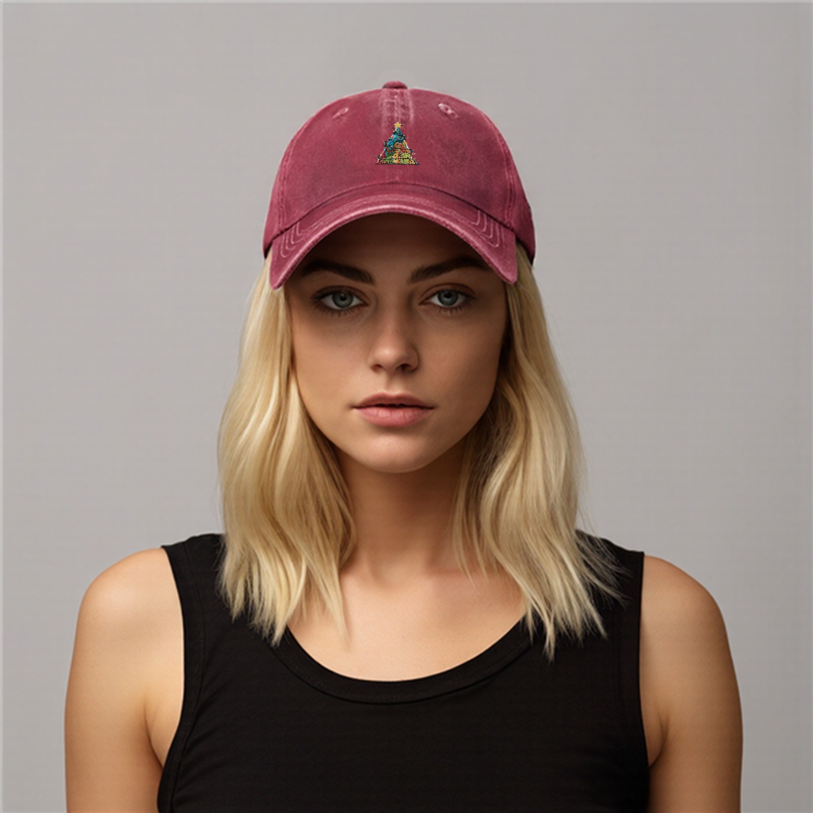 Washed Black Baseball Cap With Dinosaur Christmas Tree Print