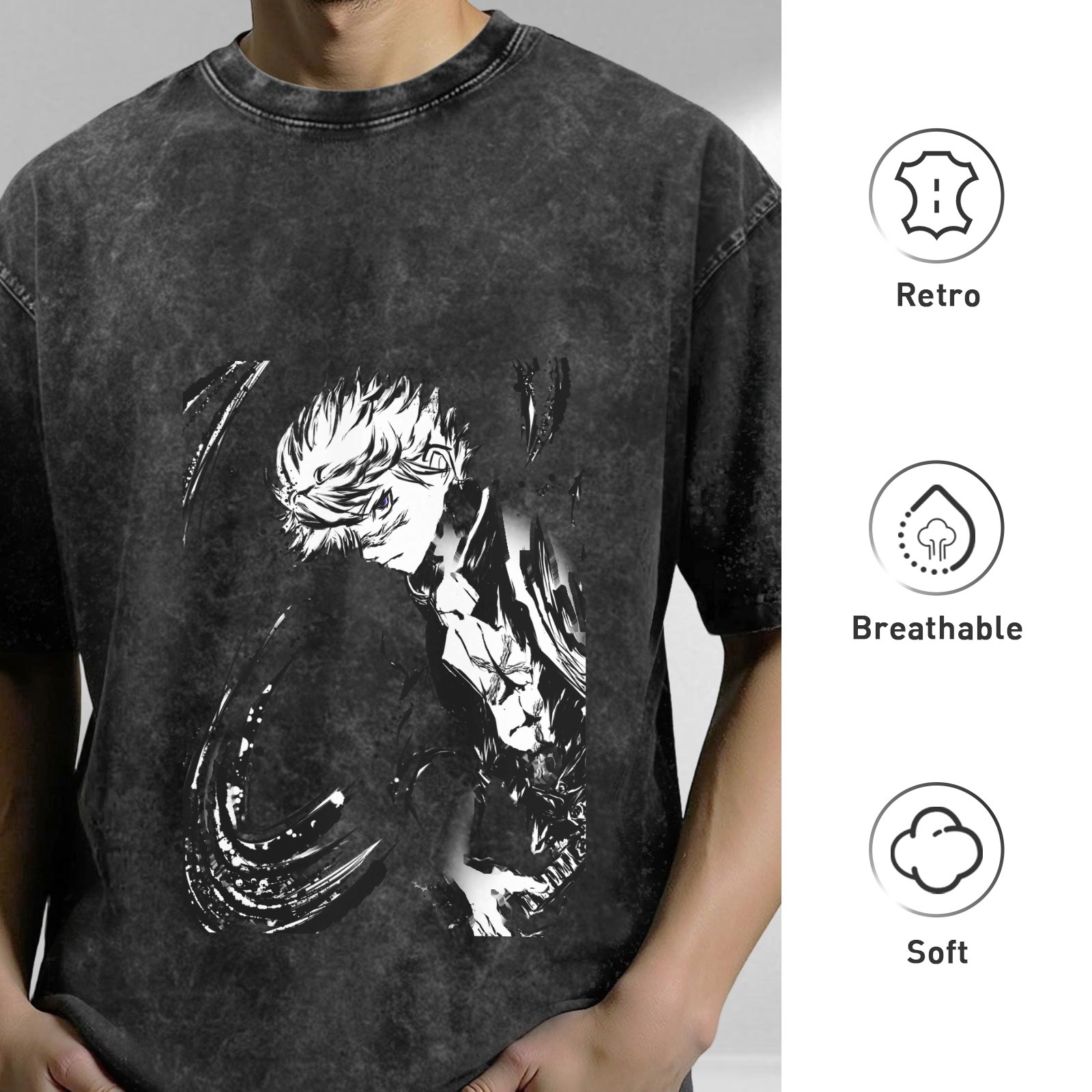 Oversized Acid Wash Black Anime Graphic T-Shirt