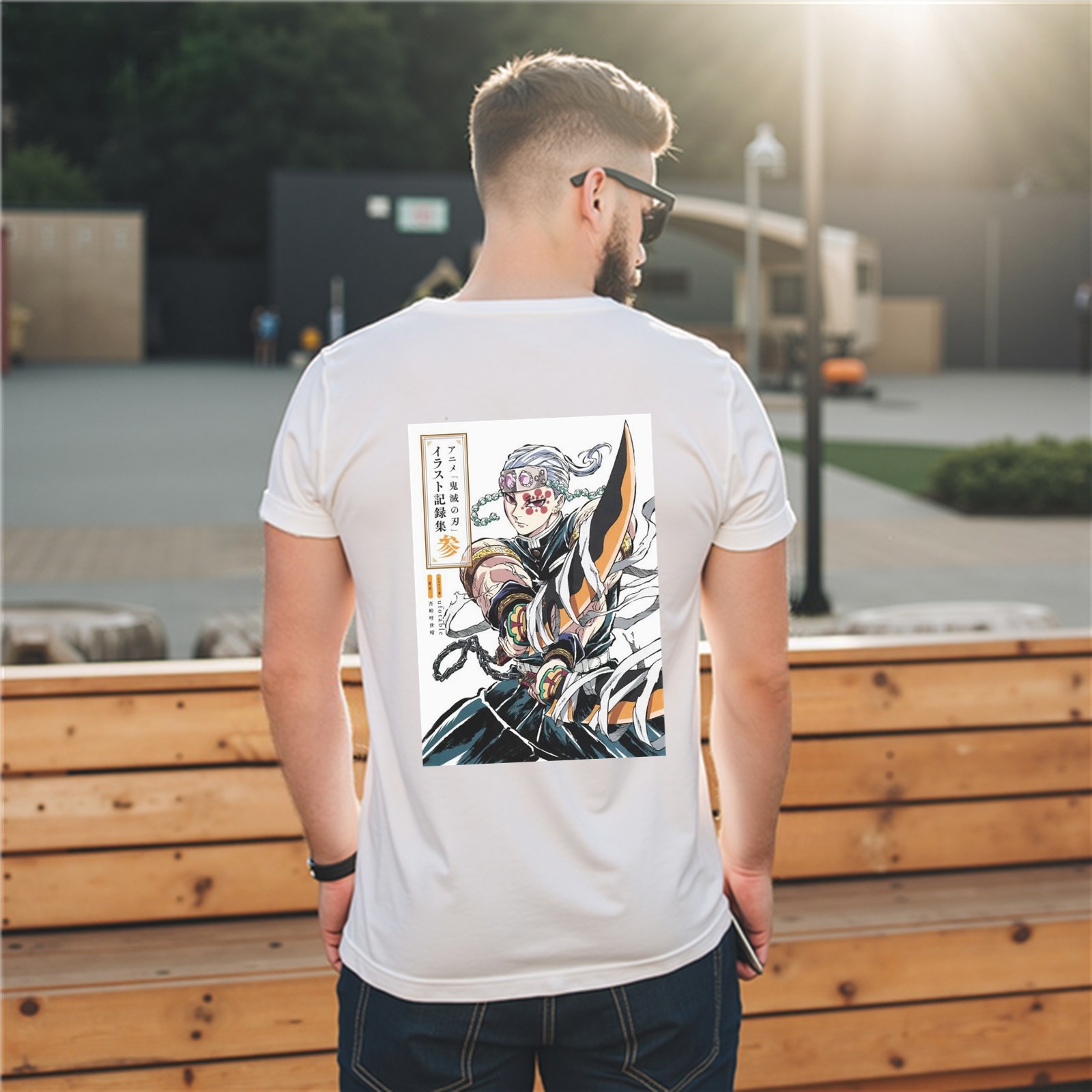 White T-shirt with Demon Slayer Tengen Uzui Anime Graphic Print