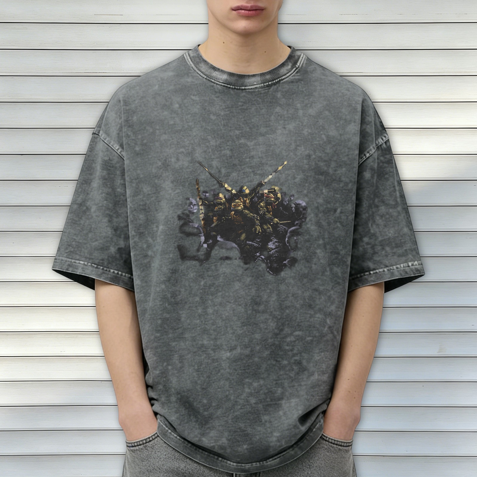 Washed Black Oversized T-Shirt With Ninja Turtles Graphic Print