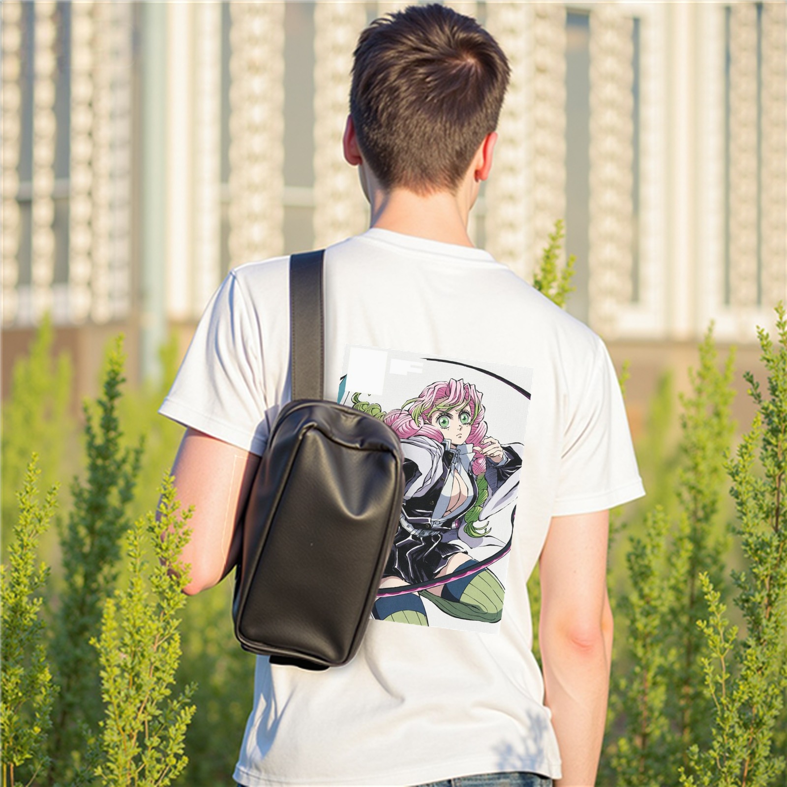 Men's White Short Sleeve T-Shirt with Demon Slayer Mitsuri Kanroji Anime Print on Back