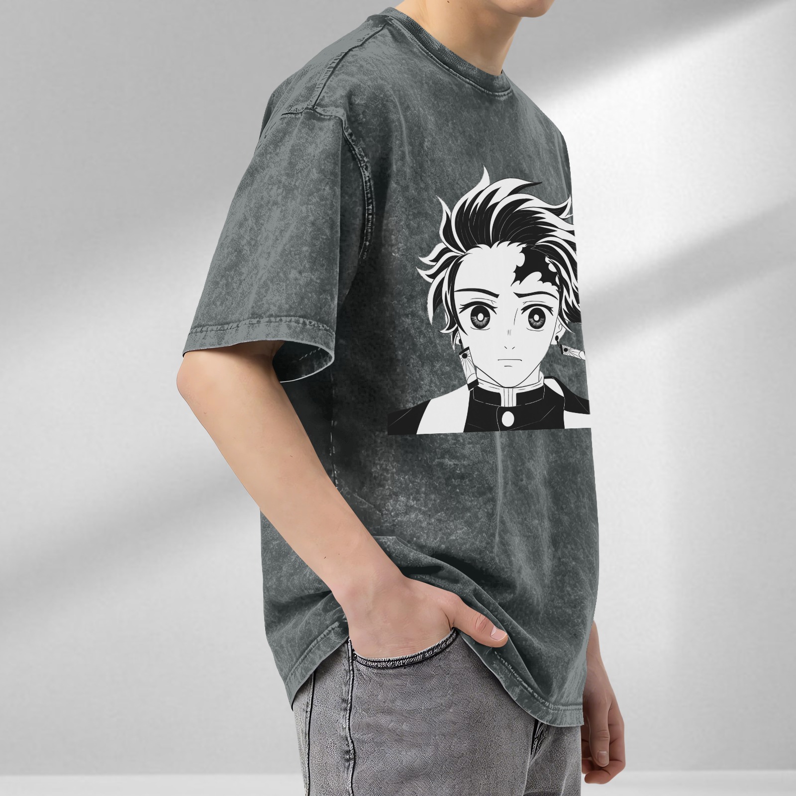 Oversized Vintage Wash Anime Graphic T-Shirt, Demon Slayer Tanjiro Design