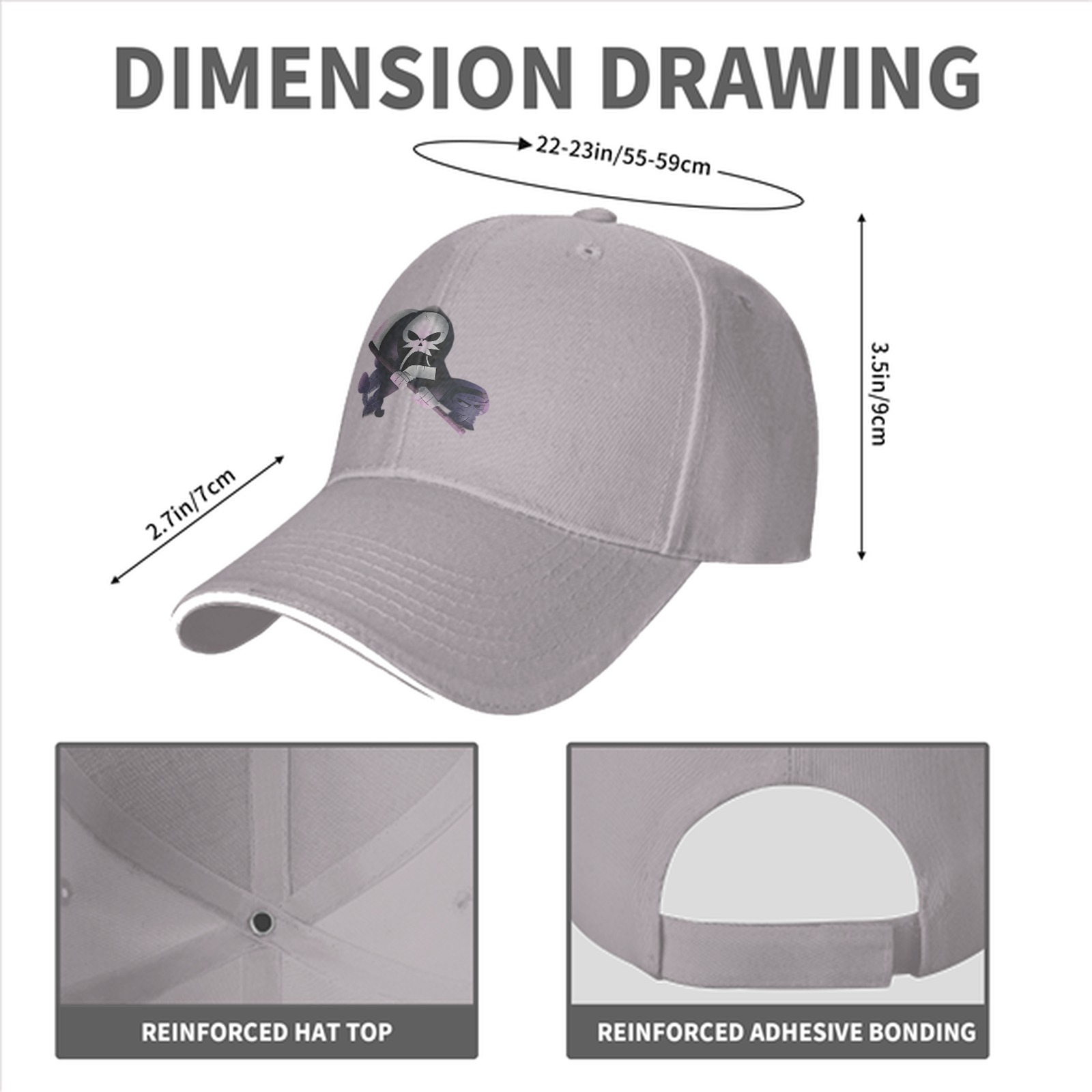 Black Baseball Cap With Grim Reaper Graphic Print
