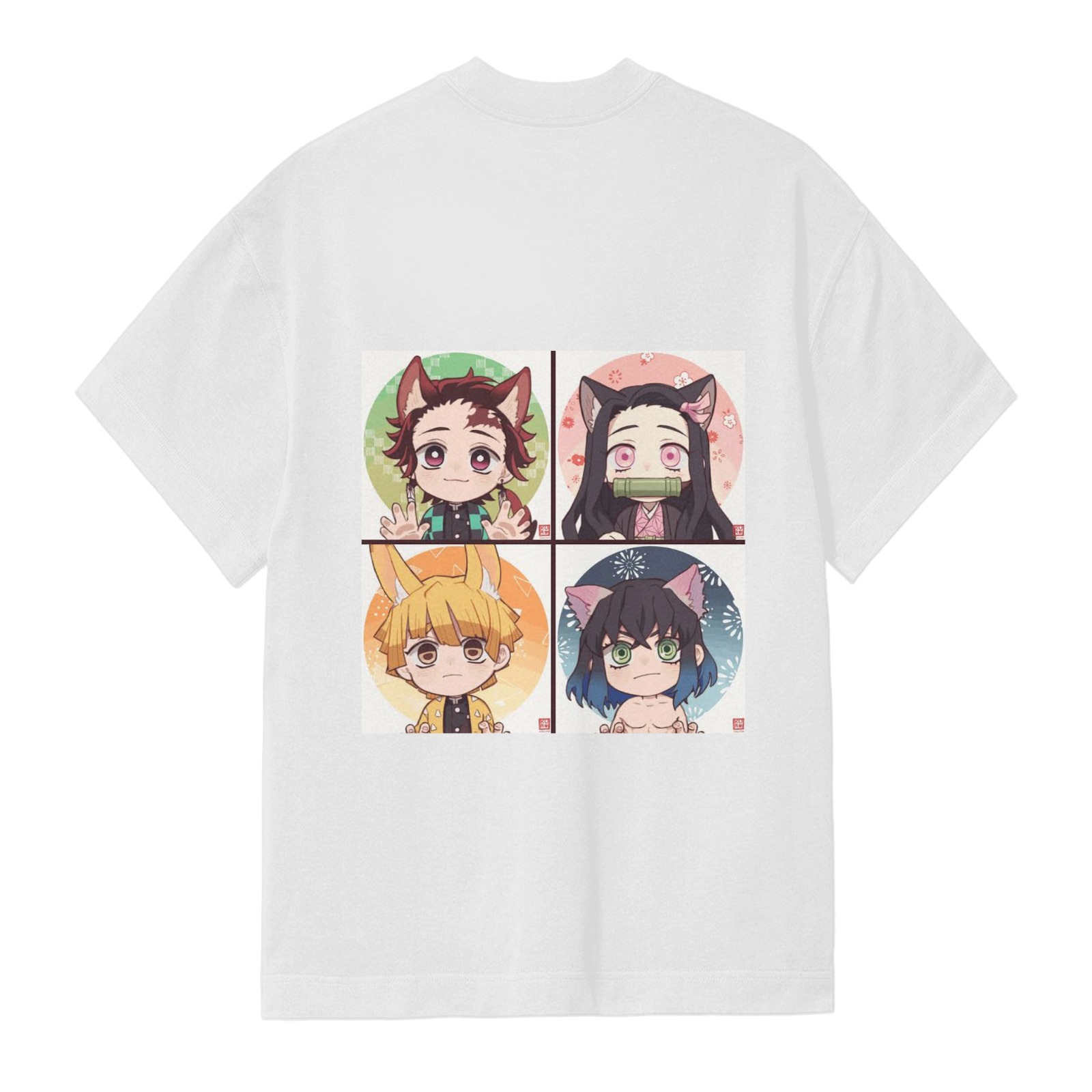 White T-shirt with Chibi Demon Slayer Characters (Tanjiro, Nezuko, Zenitsu, Inosuke) with Animal Ears Print on Back