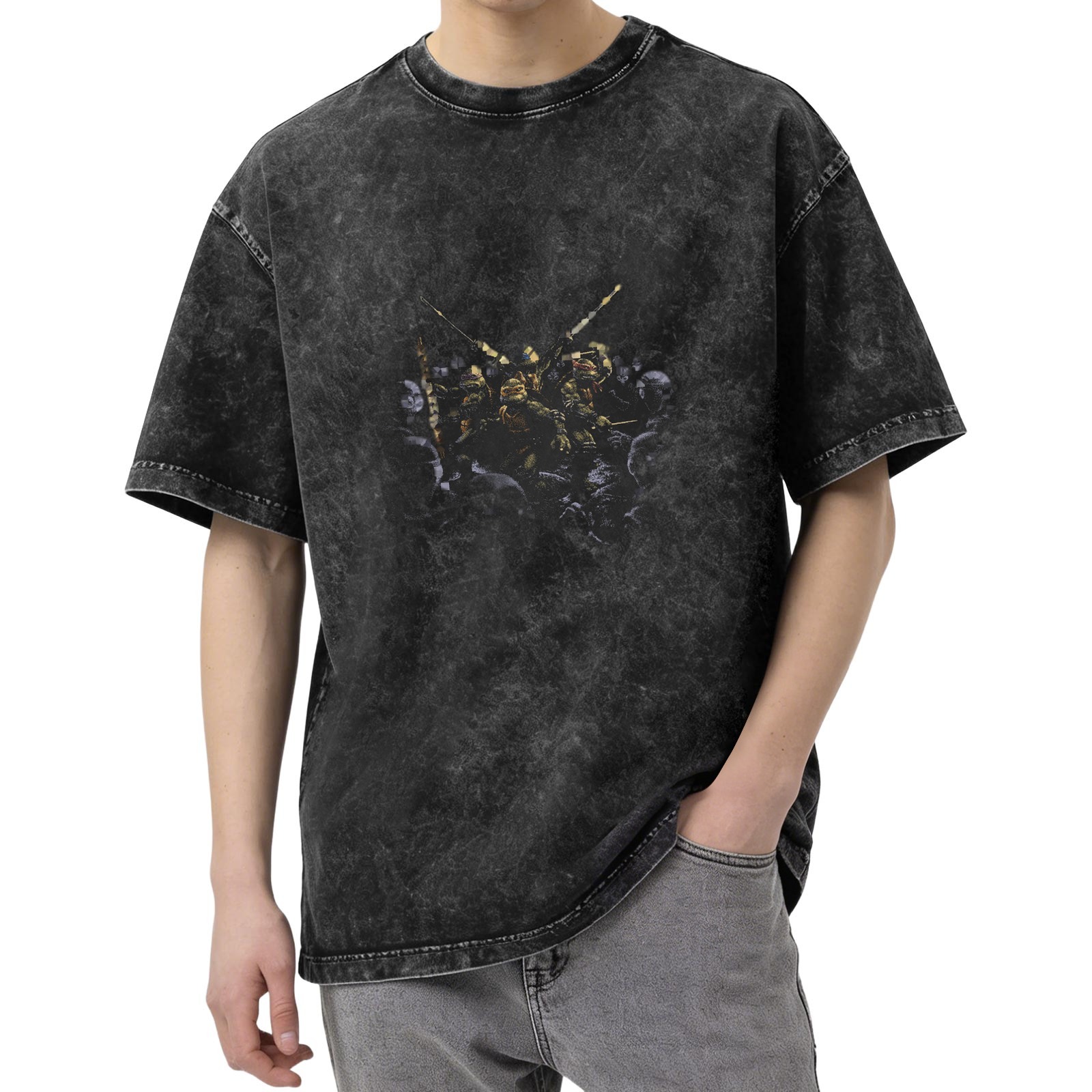 Washed Black Oversized T-Shirt With Ninja Turtles Graphic Print