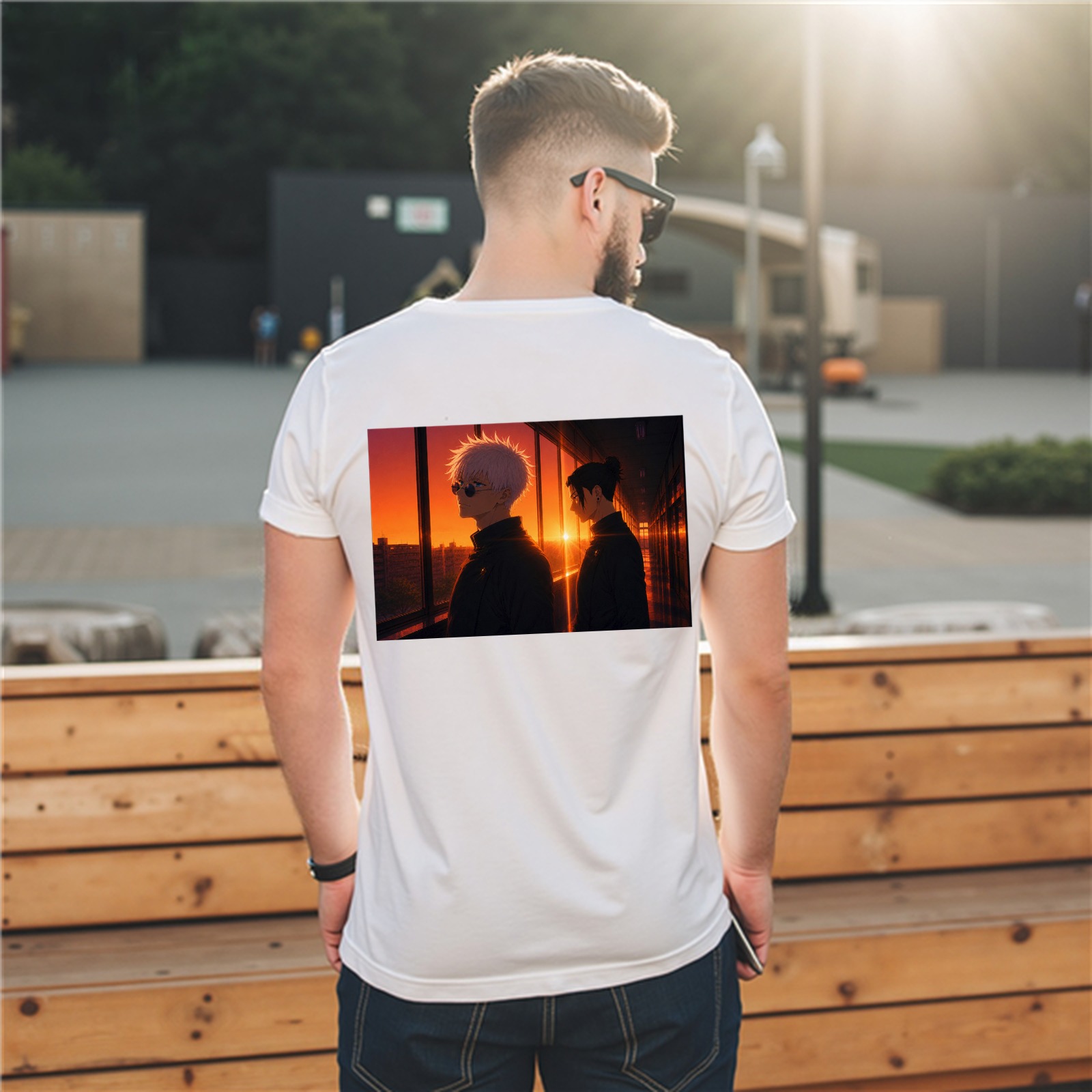 White T-shirt with Jujutsu Kaisen Satoru Gojo & Suguru Geto Sunset Anime Print, Back Design
