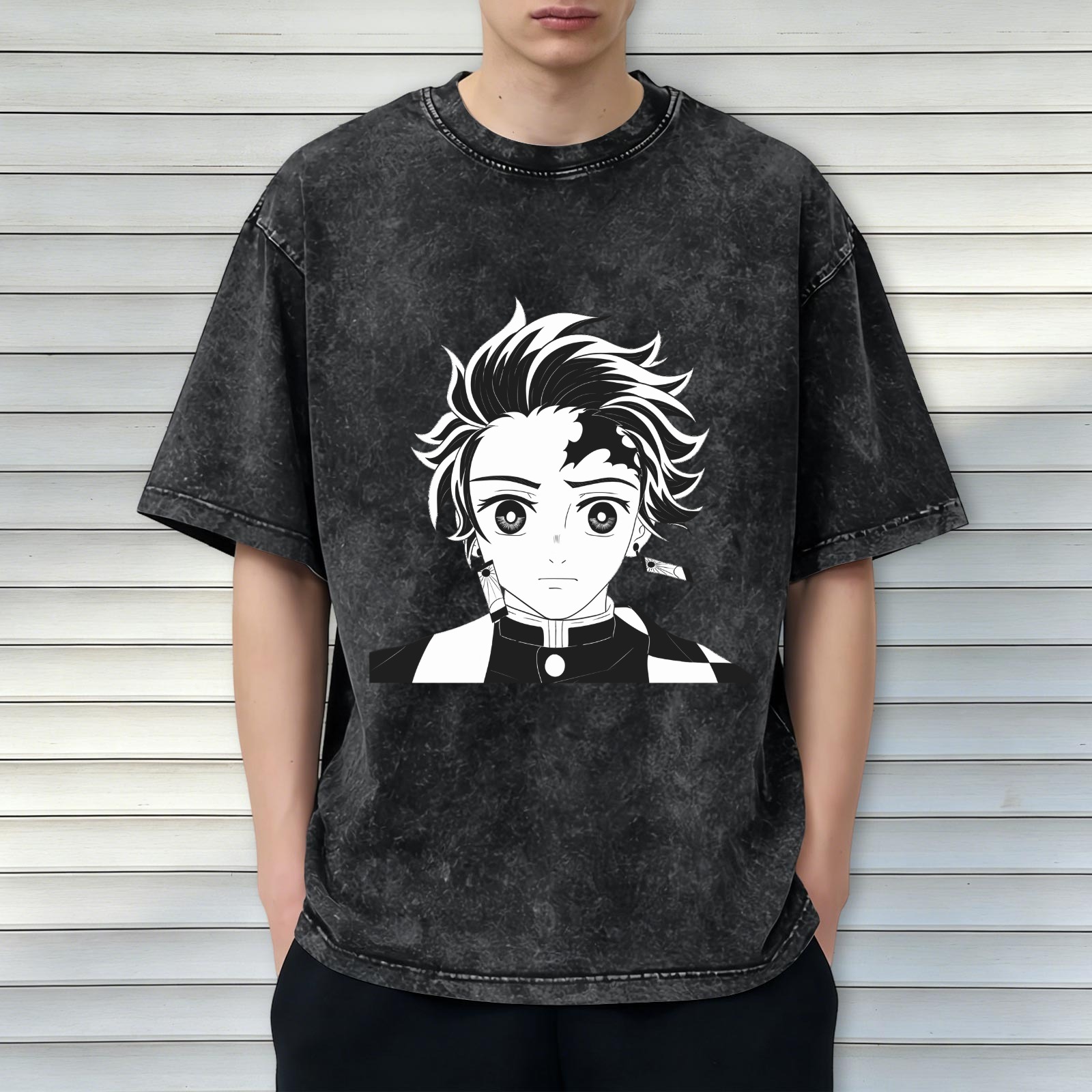 Oversized Vintage Wash Anime Graphic T-Shirt, Demon Slayer Tanjiro Design