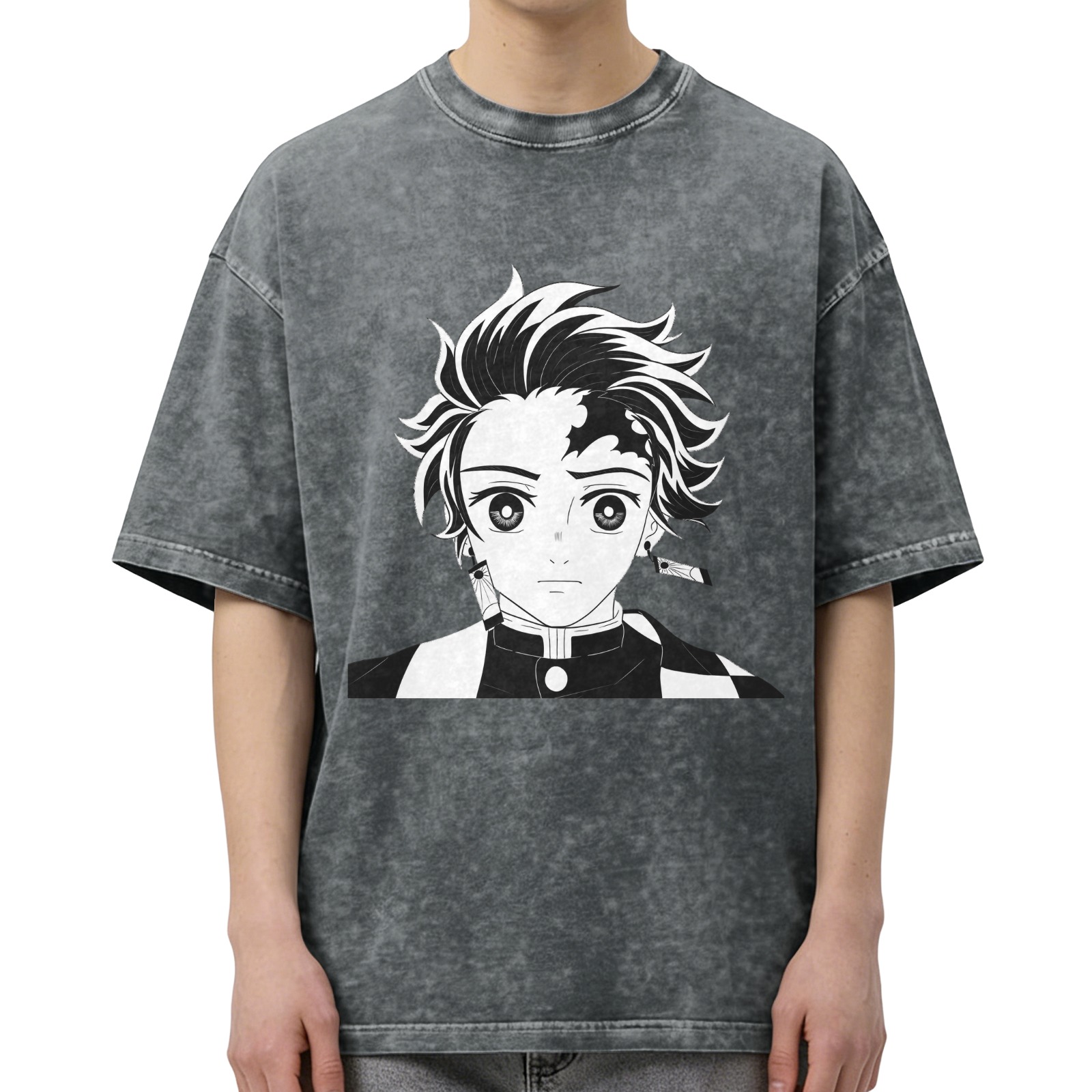 Oversized Vintage Wash Anime Graphic T-Shirt, Demon Slayer Tanjiro Design