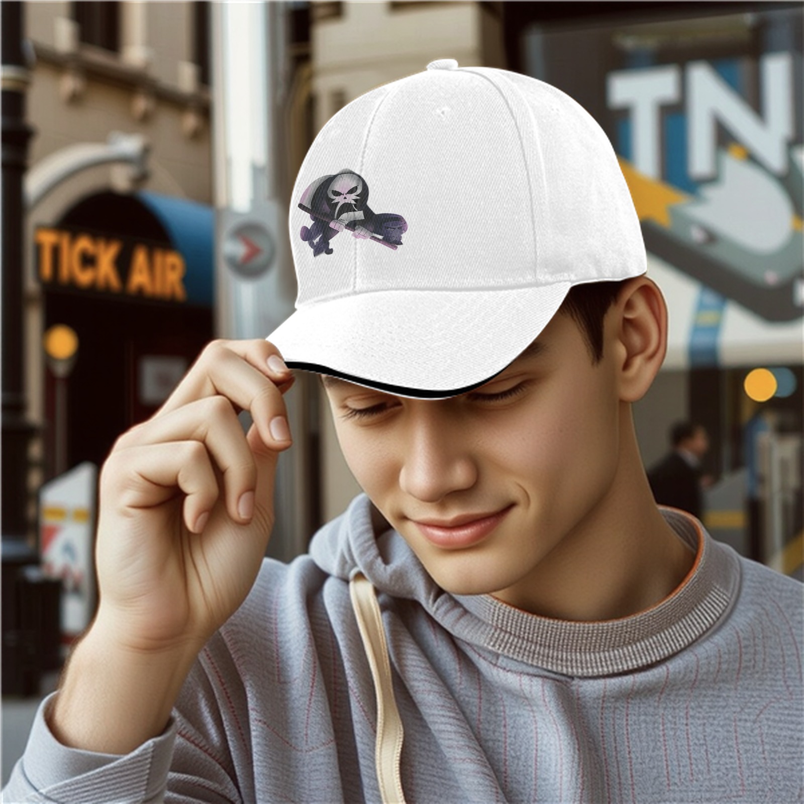 Black Baseball Cap With Grim Reaper Graphic Print