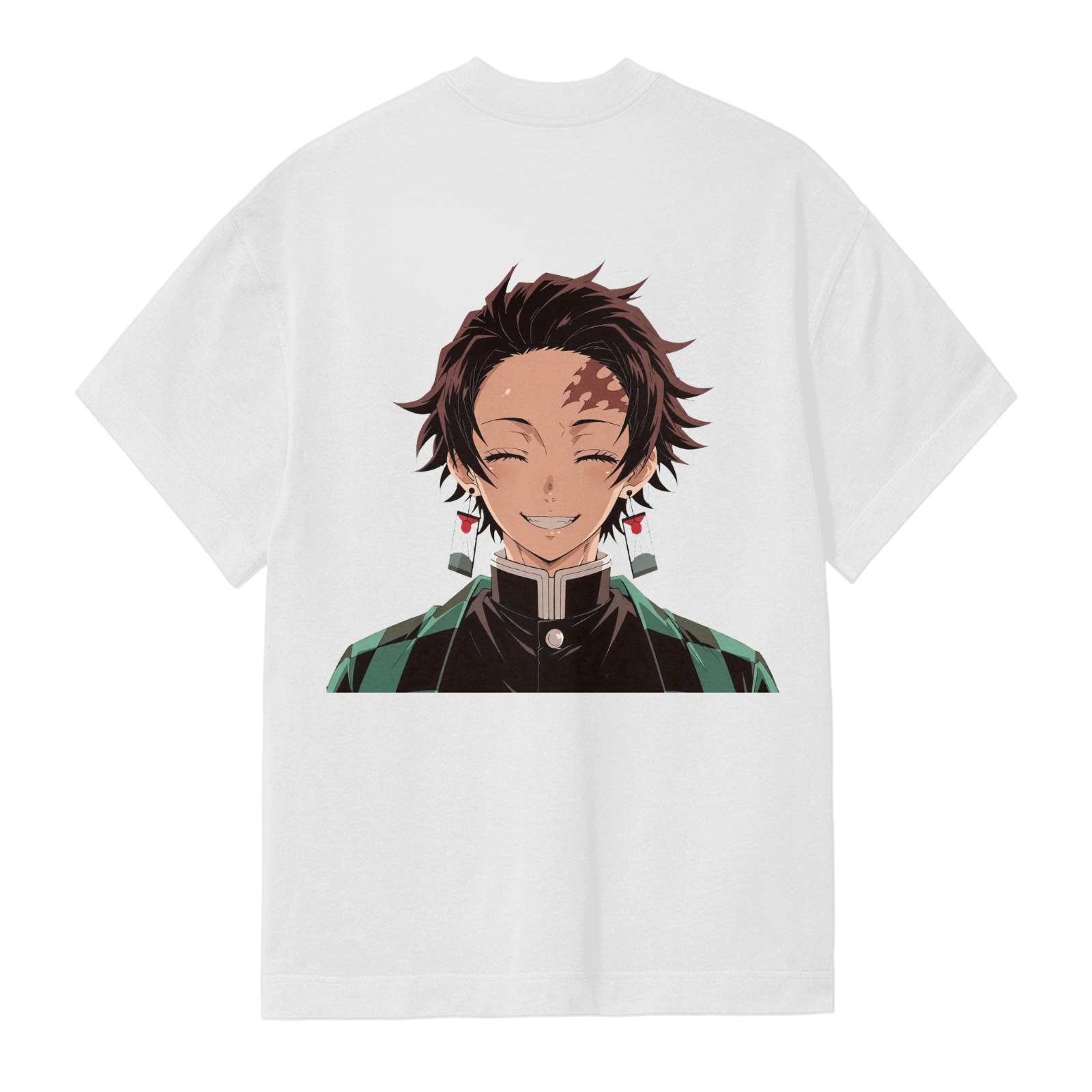 White T-shirt with Demon Slayer Tanjiro Kamado Smiling Graphic Print on Back