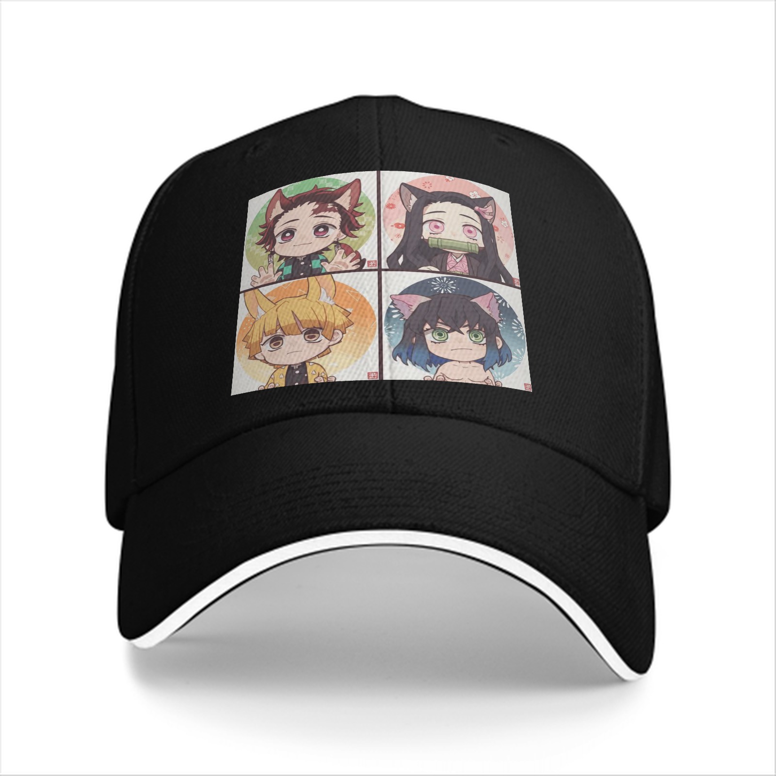 Black Baseball Cap with Demon Slayer Chibi Nekomimi/Inumimi Character Print (Tanjiro, Nezuko, Zenitsu, Inosuke)