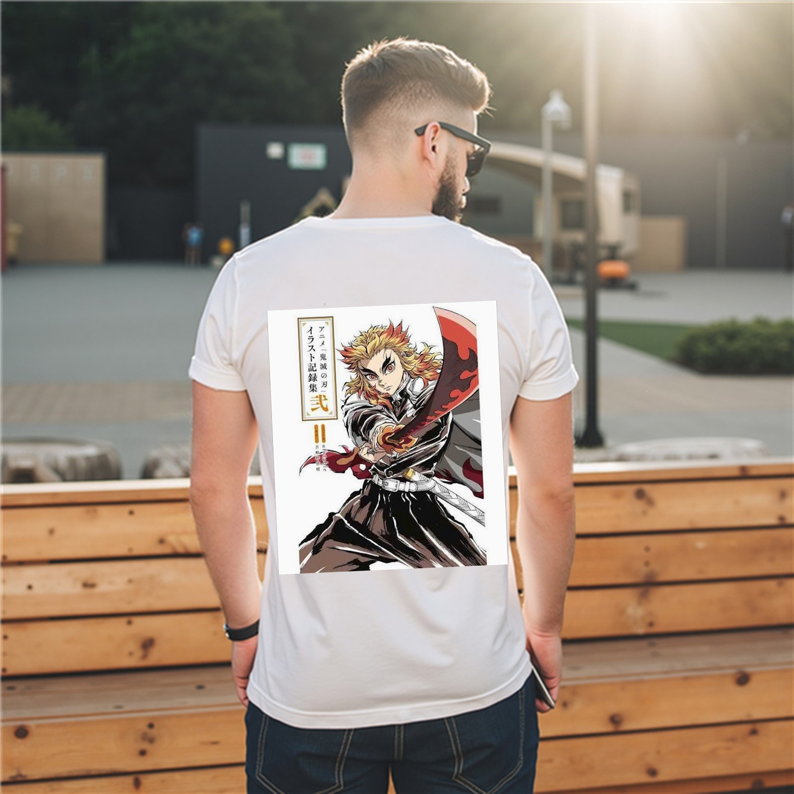 Demon Slayer: Kimetsu no Yaiba Kyojuro Rengoku Anime Illustration T-shirt (Back Print)