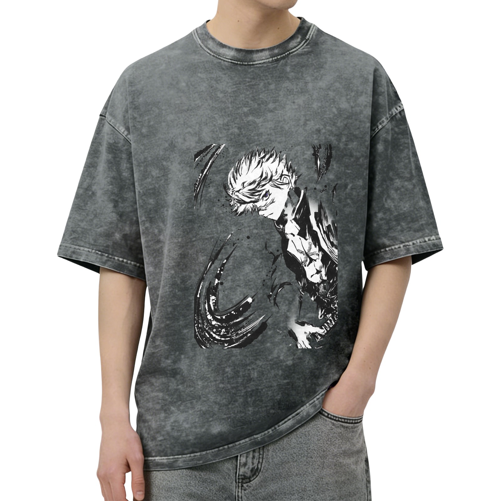Oversized Acid Wash Black Anime Graphic T-Shirt
