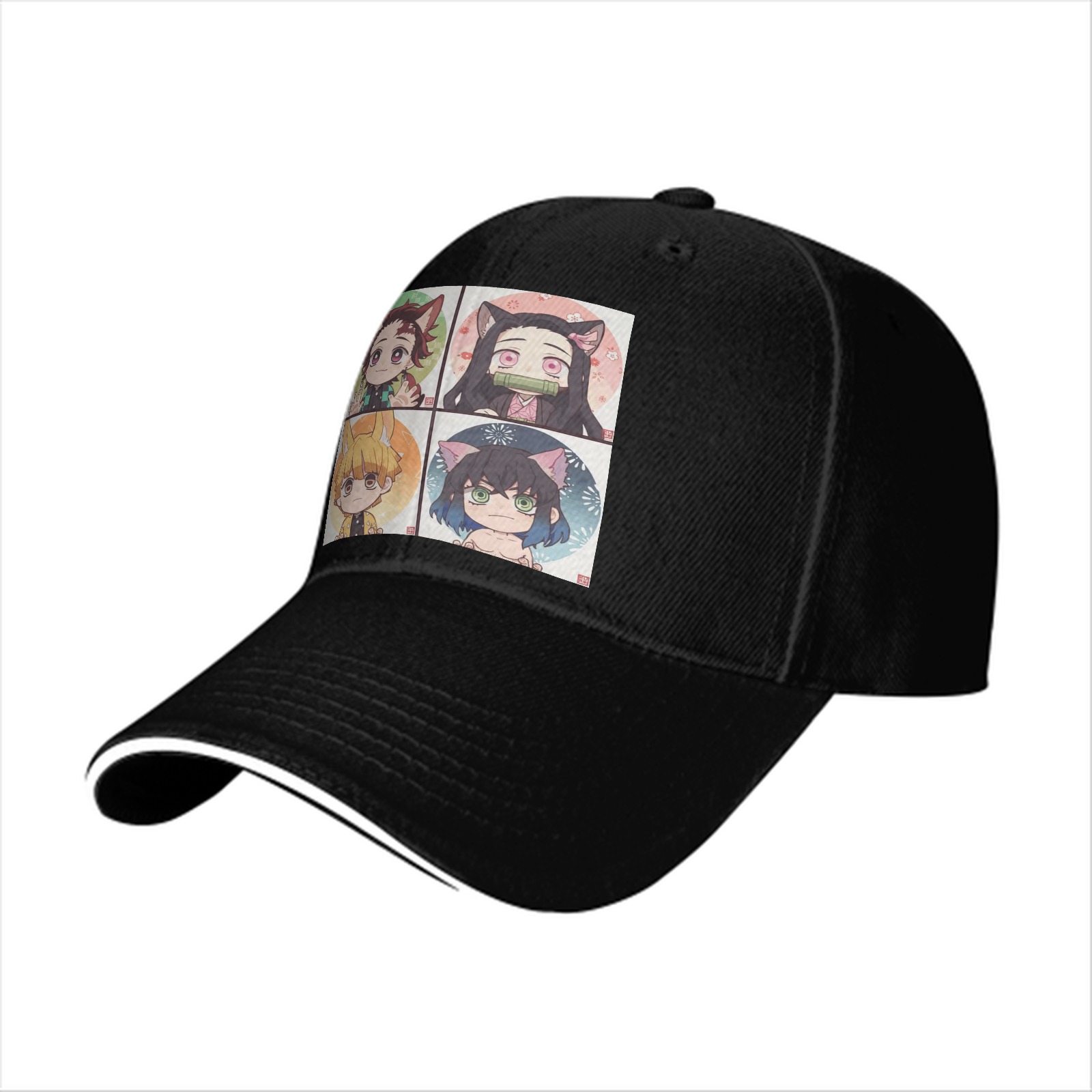 Black Baseball Cap with Demon Slayer Chibi Nekomimi/Inumimi Character Print (Tanjiro, Nezuko, Zenitsu, Inosuke)