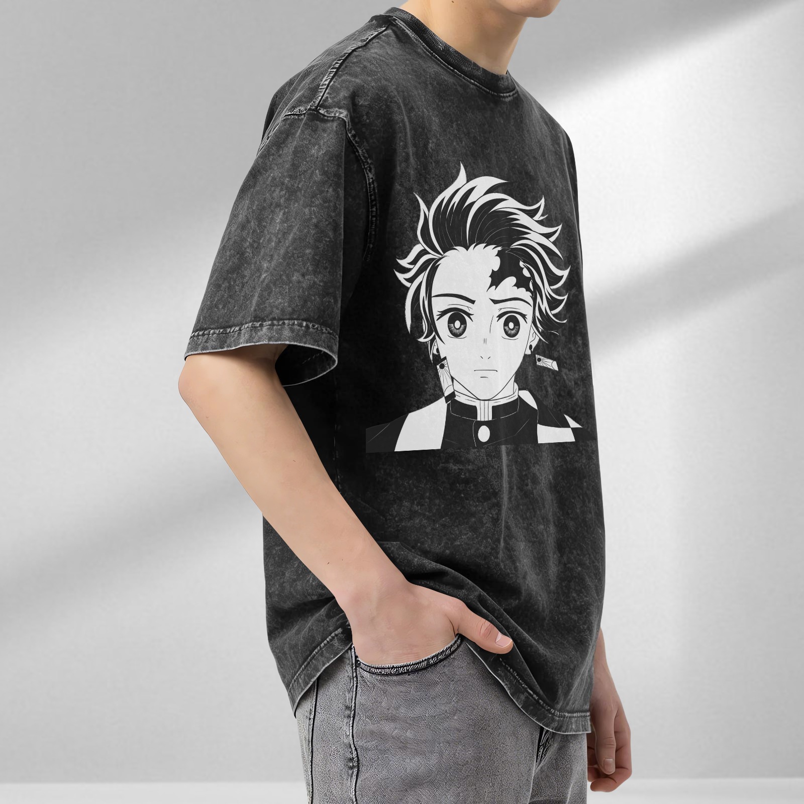 Oversized Vintage Wash Anime Graphic T-Shirt, Demon Slayer Tanjiro Design