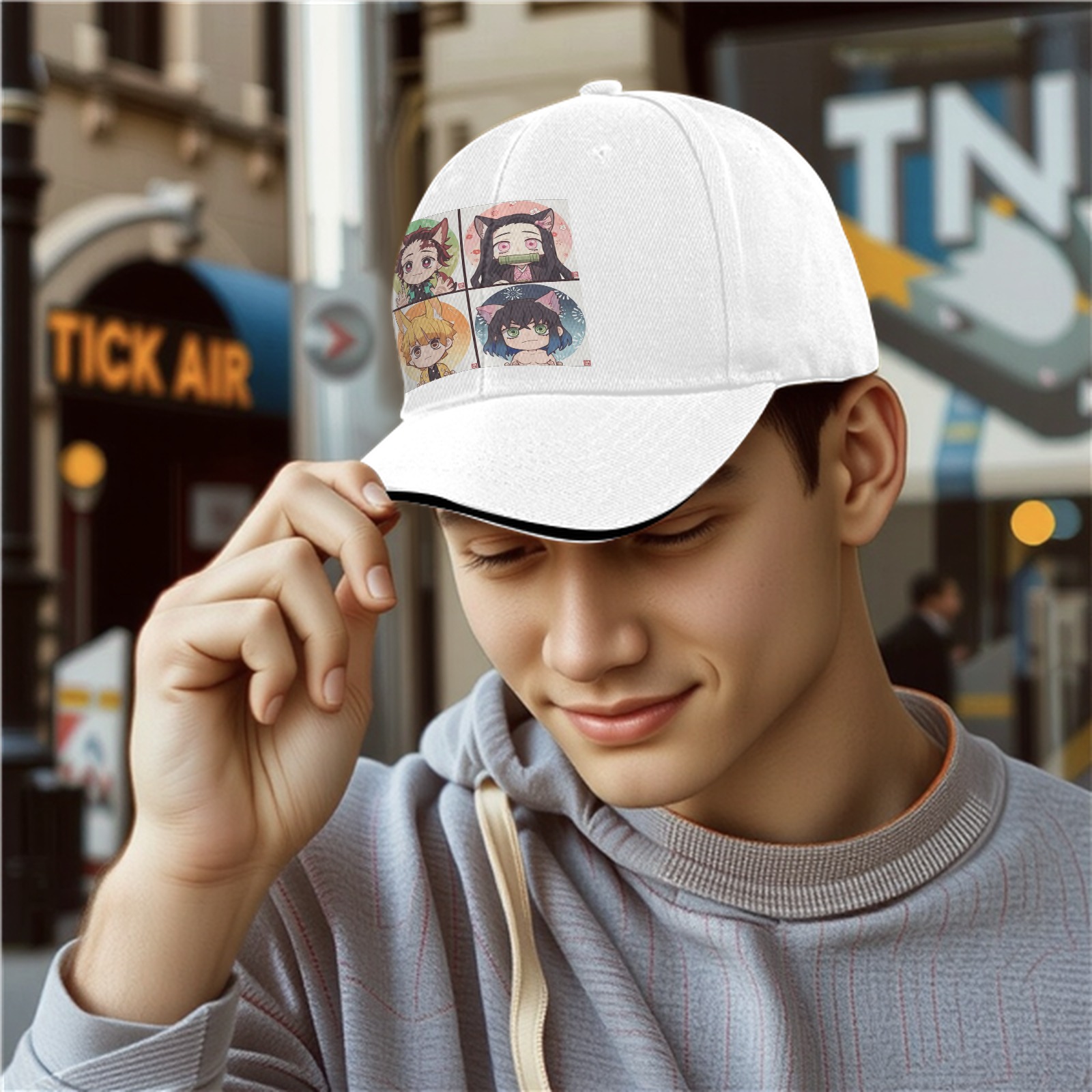 Black Baseball Cap with Demon Slayer Chibi Nekomimi/Inumimi Character Print (Tanjiro, Nezuko, Zenitsu, Inosuke)