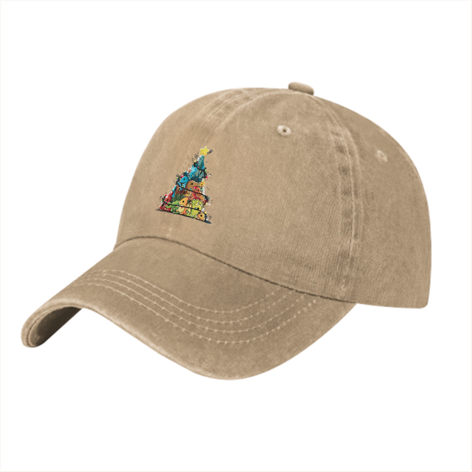 Washed Black Baseball Cap With Dinosaur Christmas Tree Print