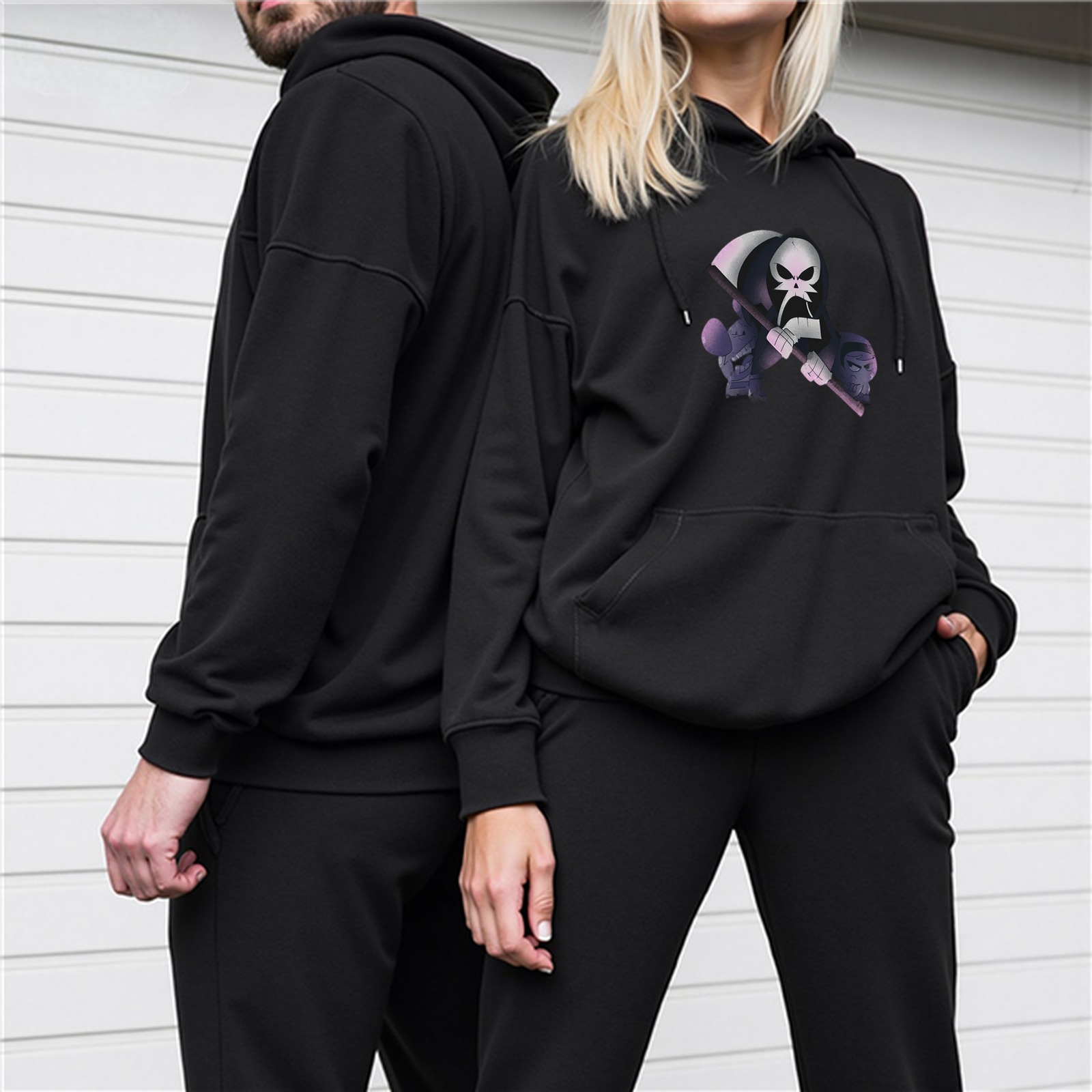 Black hoodie with cartoon grim reaper graphic print