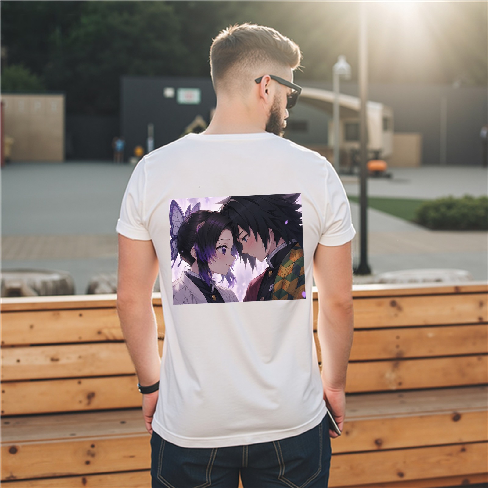 White T-shirt with Demon Slayer Shinobu Kochou and Giyuu Tomioka Anime Print on Back