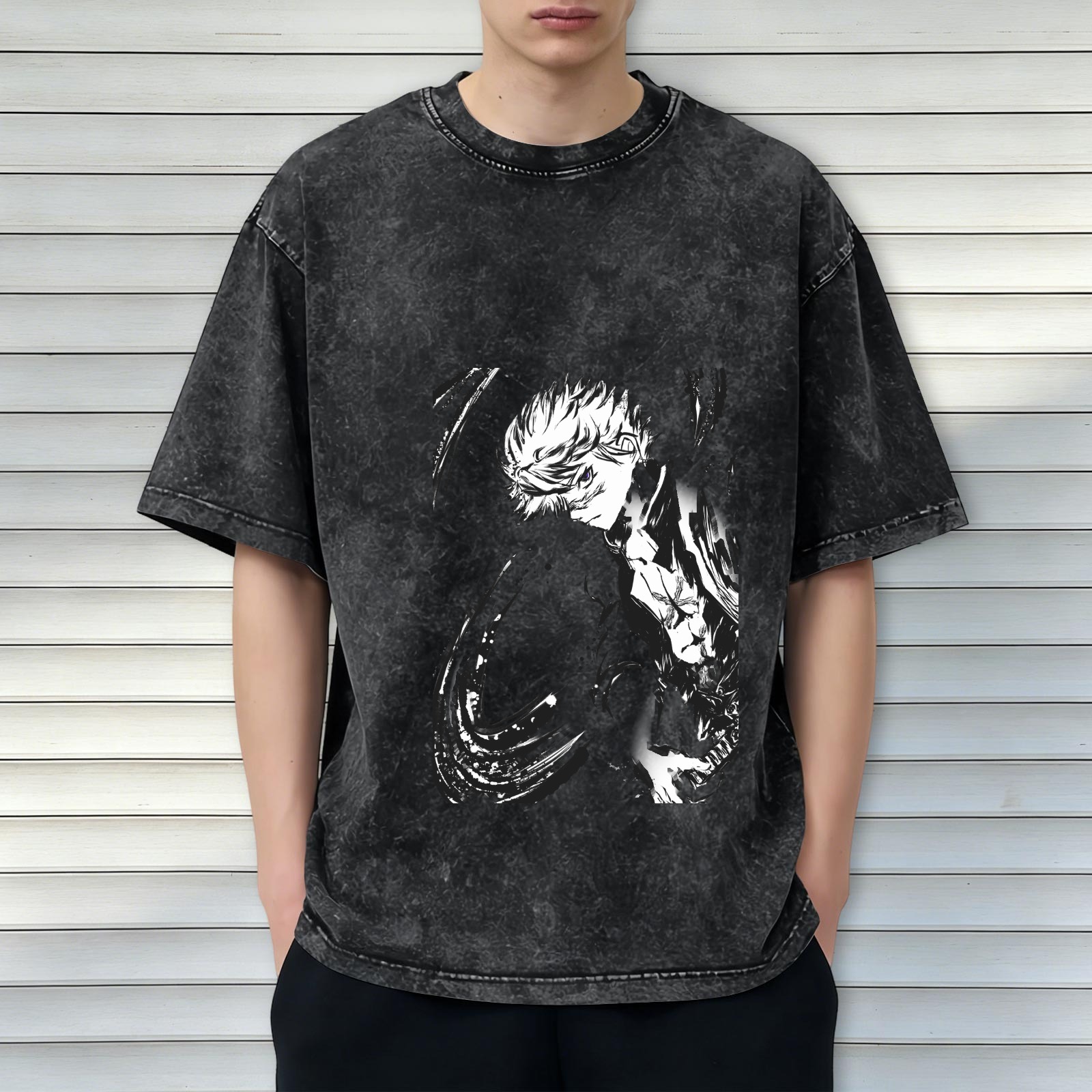 Oversized Acid Wash Black Anime Graphic T-Shirt