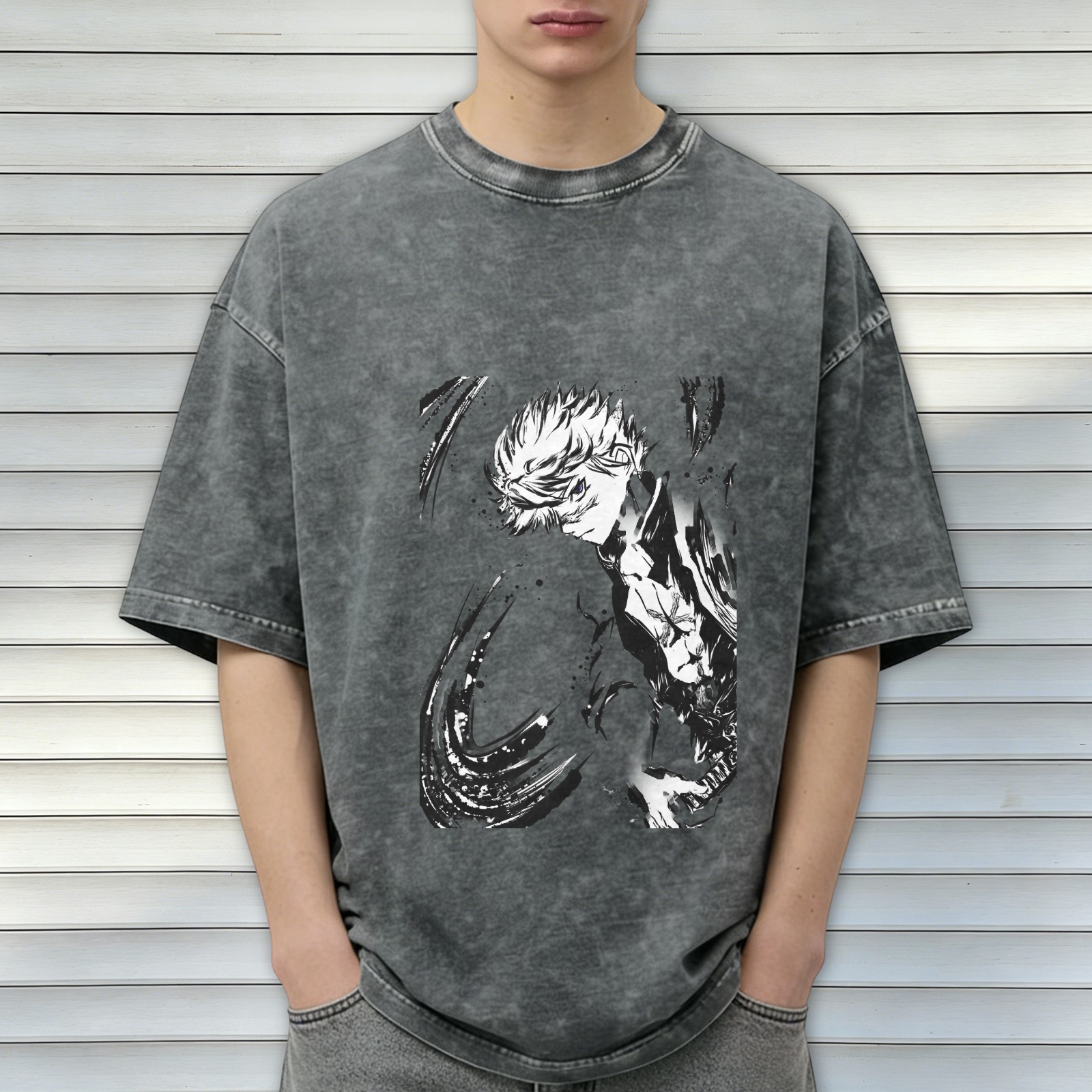Oversized Acid Wash Black Anime Graphic T-Shirt