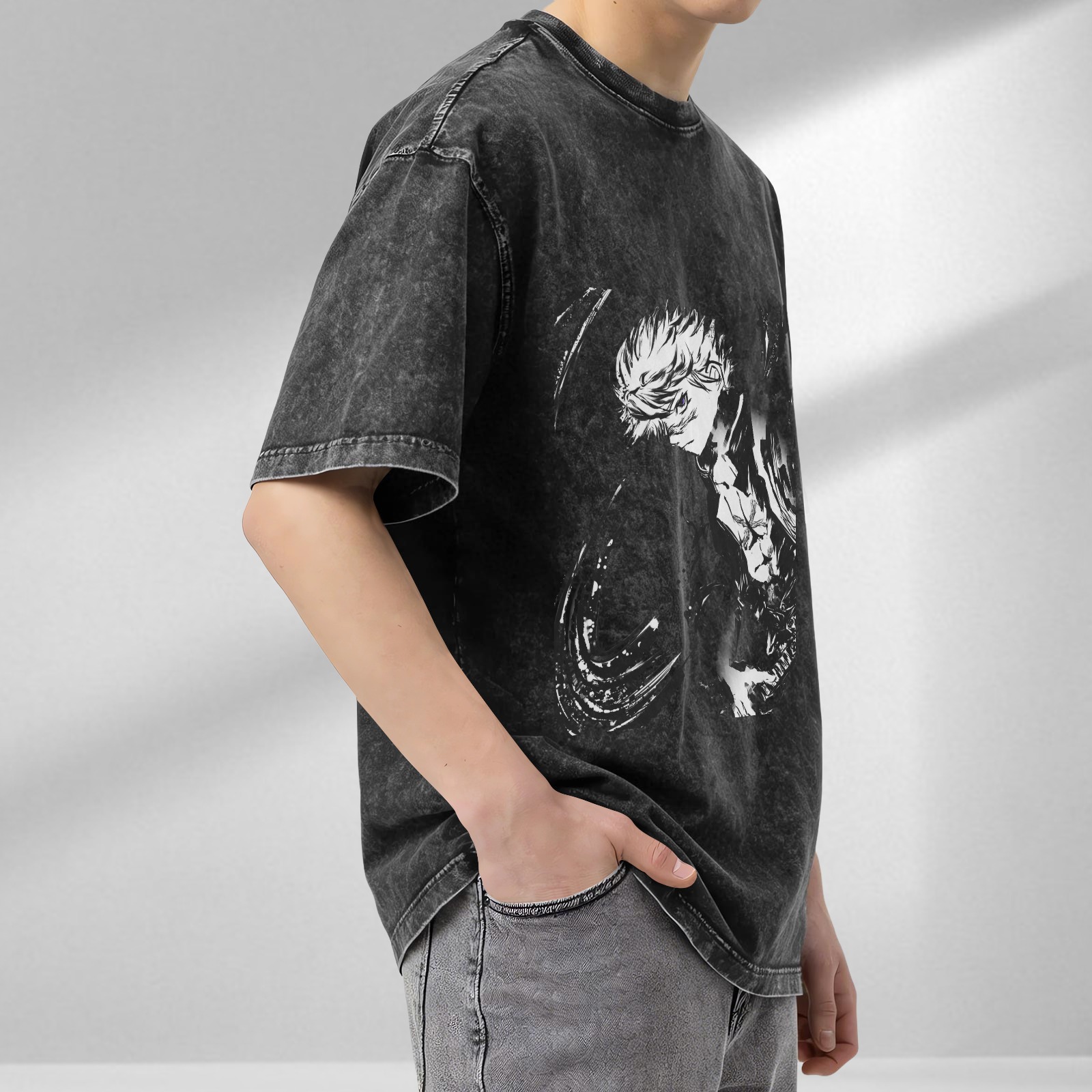 Oversized Acid Wash Black Anime Graphic T-Shirt