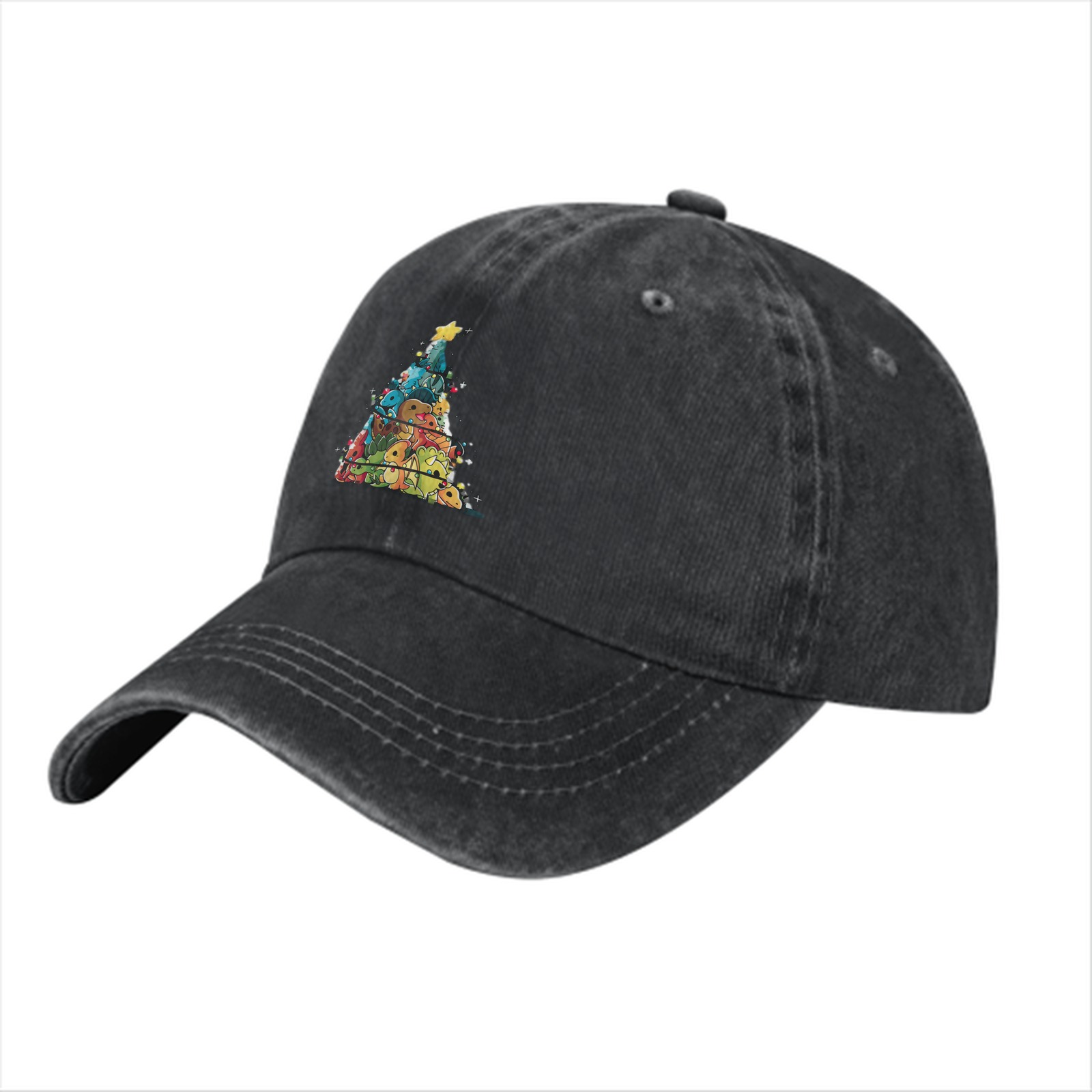 Washed Black Baseball Cap With Dinosaur Christmas Tree Print