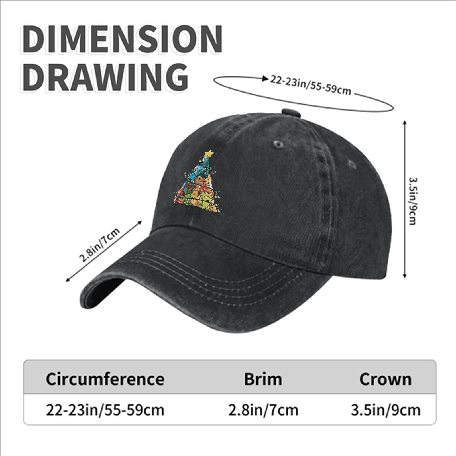 Washed Black Baseball Cap With Dinosaur Christmas Tree Print