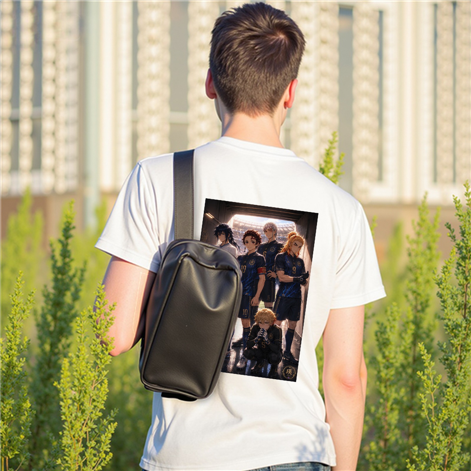 Men's White T-Shirt with Demon Slayer Anime Soccer Team Graphic Print on Back