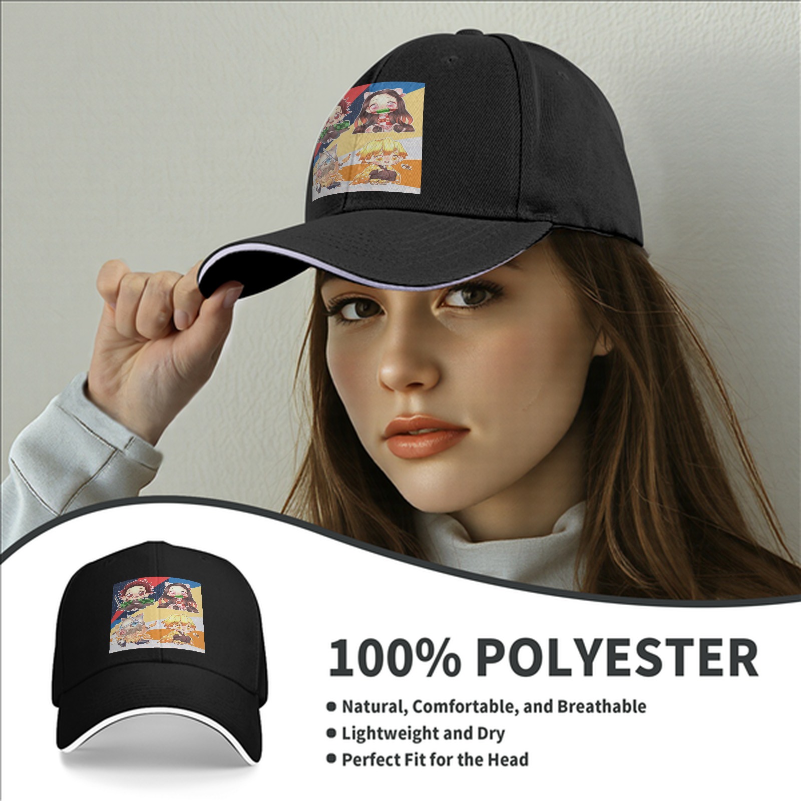 Black Baseball Cap with Chibi Demon Slayer Characters Print