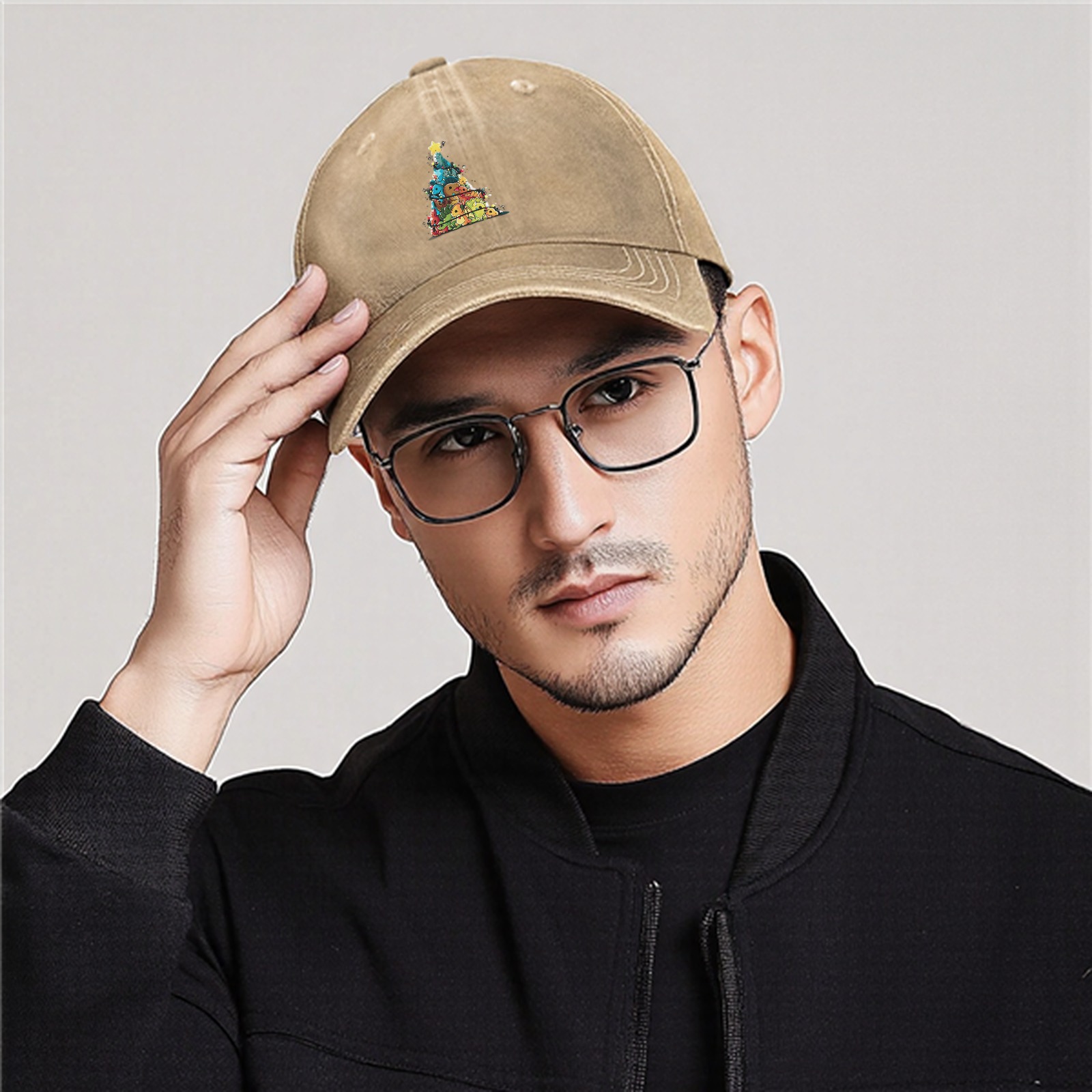 Washed Black Baseball Cap With Dinosaur Christmas Tree Print