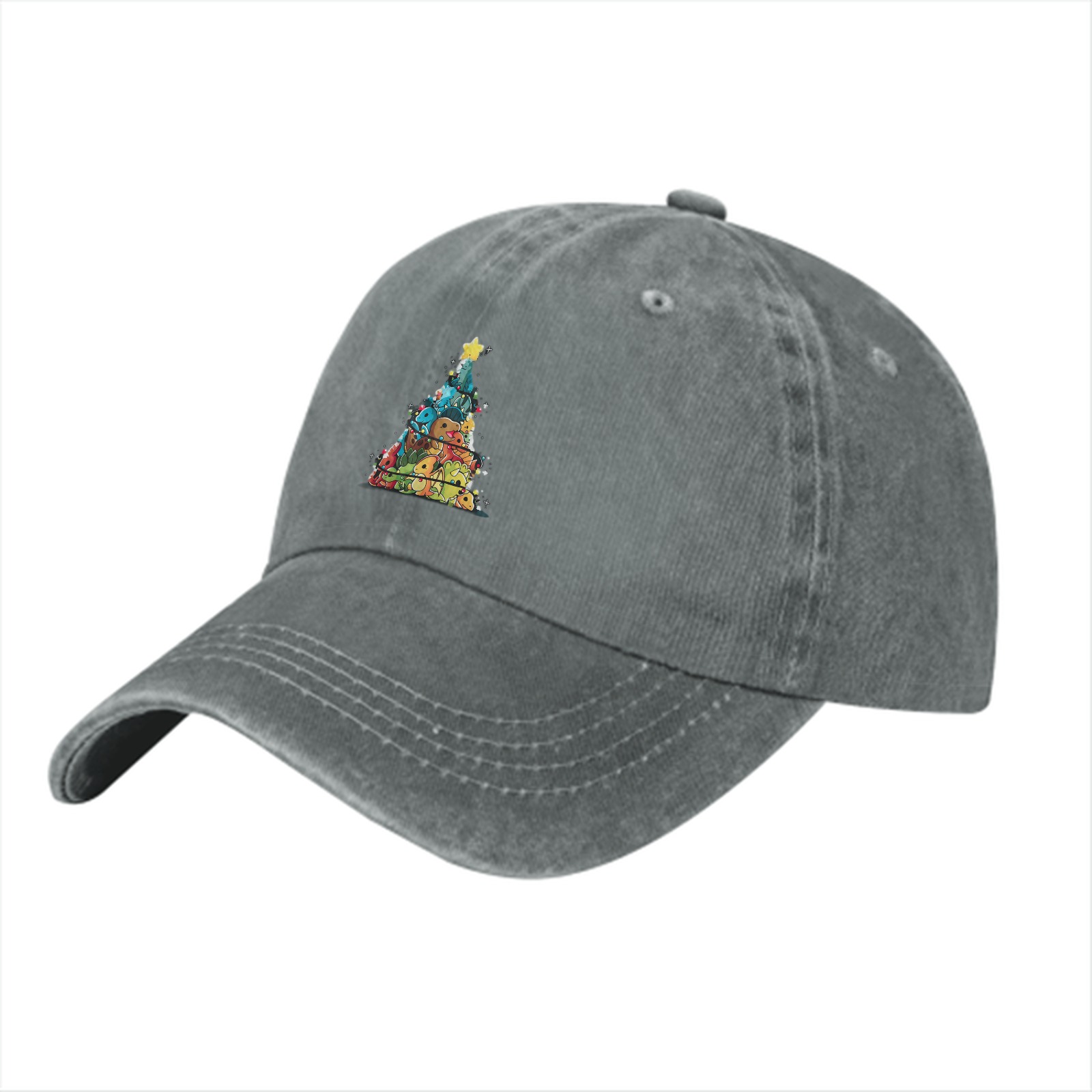 Washed Black Baseball Cap With Dinosaur Christmas Tree Print