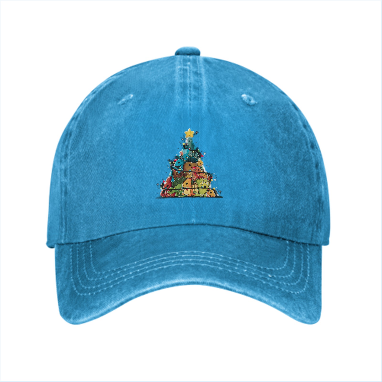 Washed Black Baseball Cap With Dinosaur Christmas Tree Print