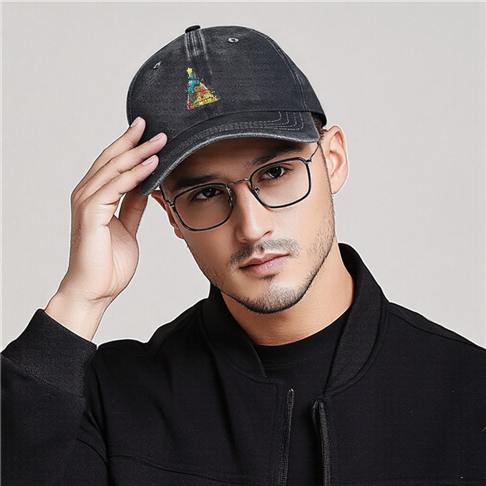 Washed Black Baseball Cap With Dinosaur Christmas Tree Print