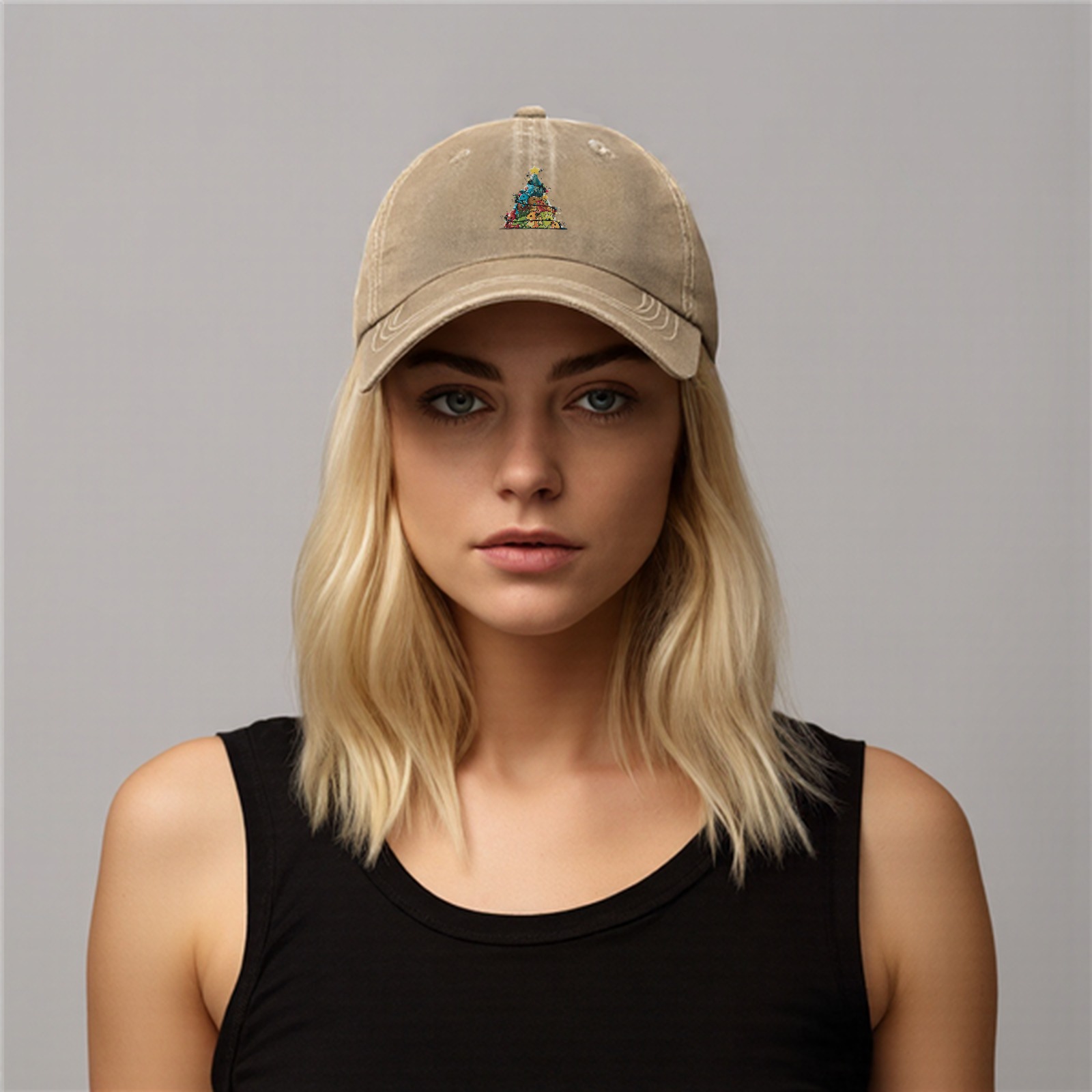 Washed Black Baseball Cap With Dinosaur Christmas Tree Print