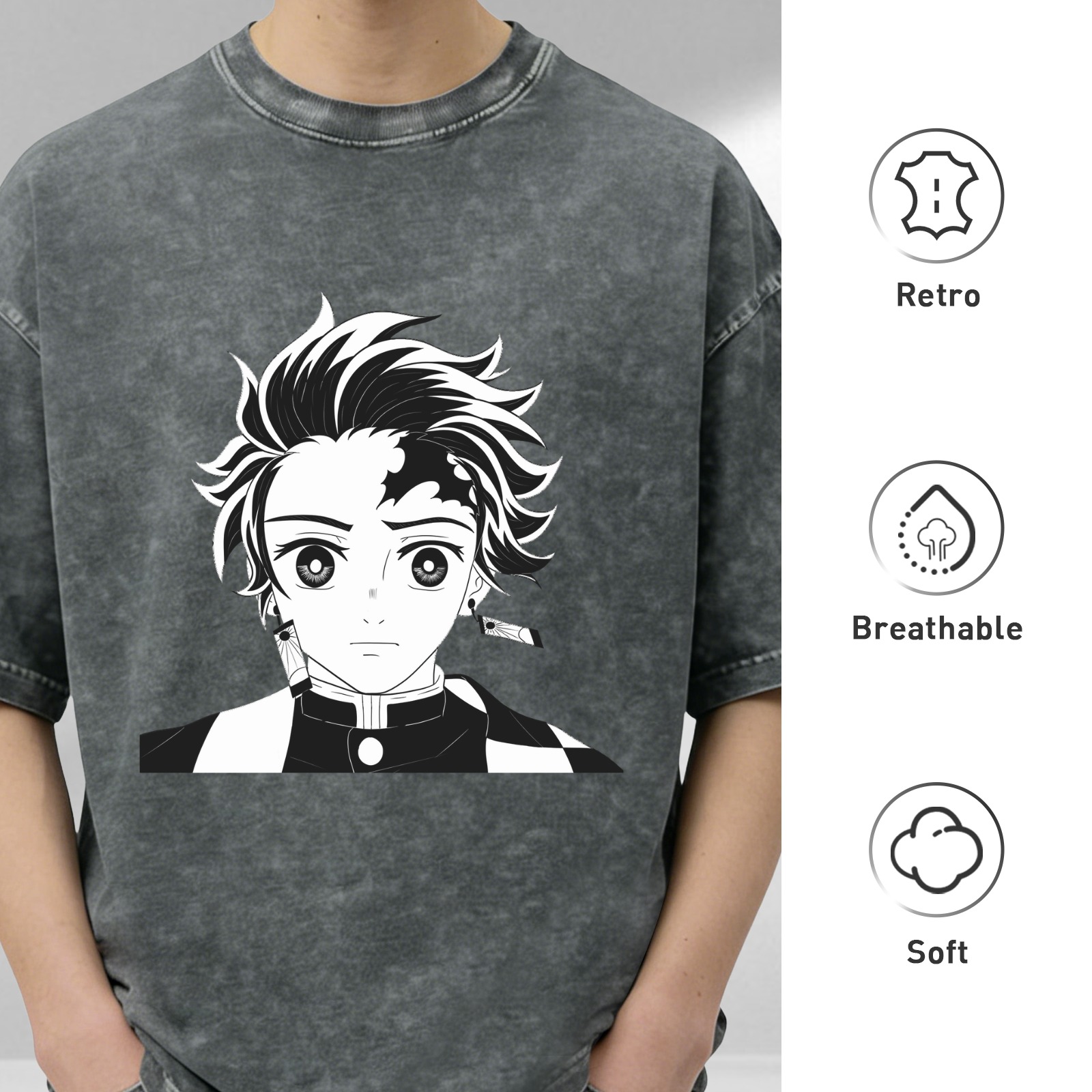 Oversized Vintage Wash Anime Graphic T-Shirt, Demon Slayer Tanjiro Design