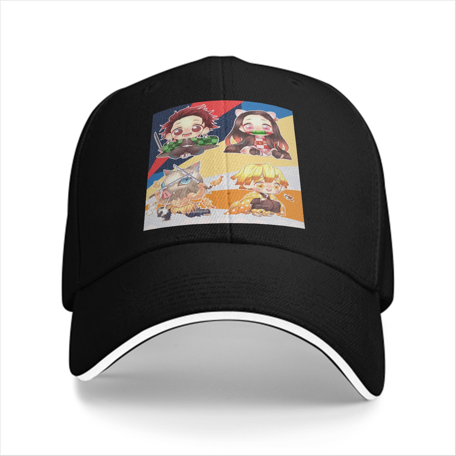 Black Baseball Cap with Chibi Demon Slayer Characters Print