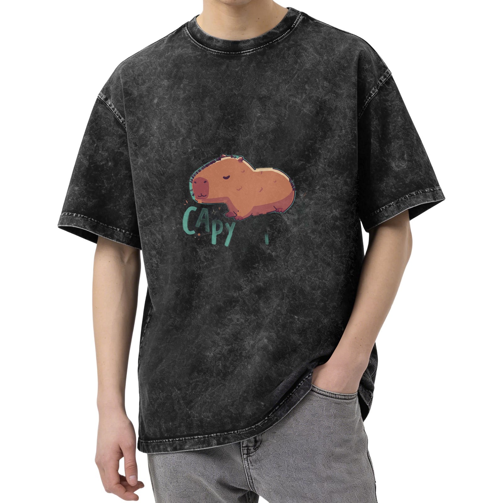 Oversized Dark Wash T-Shirt with Cute Capybara Graphic