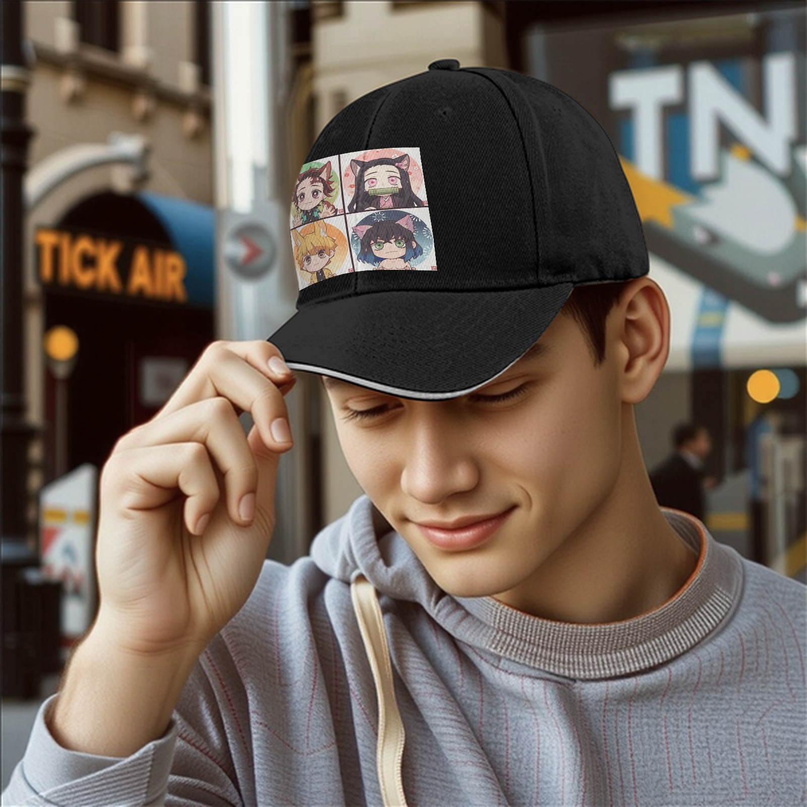 Black Baseball Cap with Demon Slayer Chibi Nekomimi/Inumimi Character Print (Tanjiro, Nezuko, Zenitsu, Inosuke)