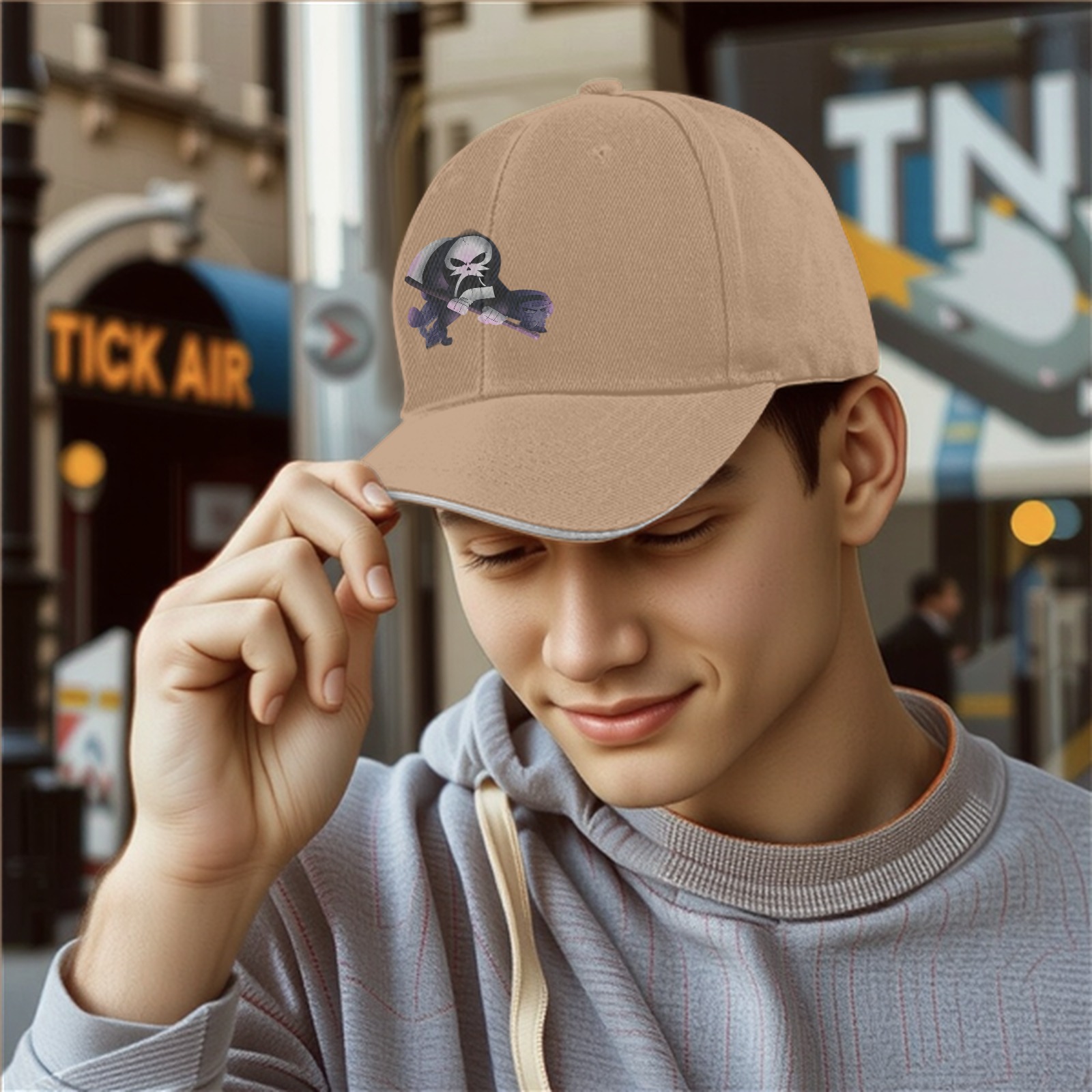 Black Baseball Cap With Grim Reaper Graphic Print