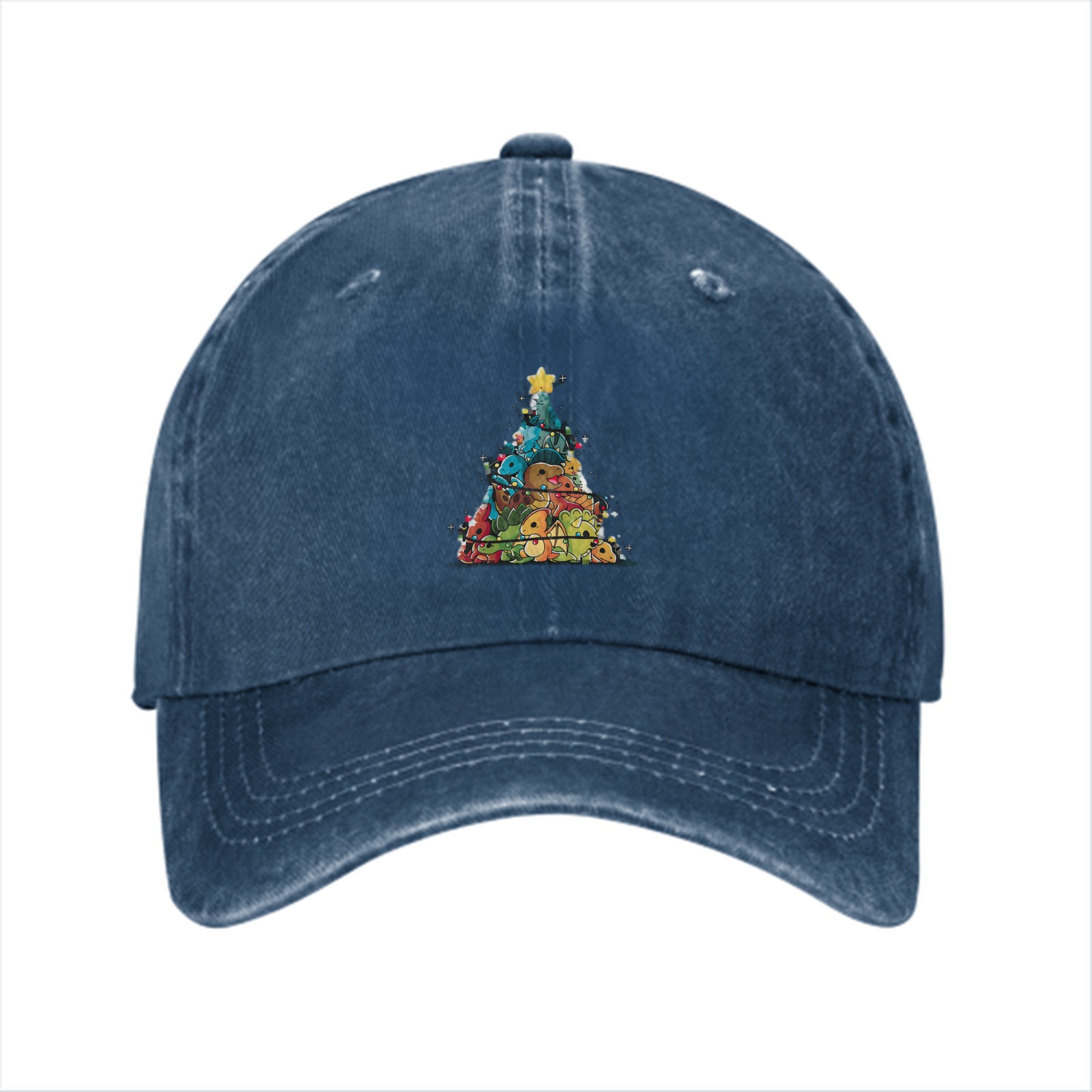 Washed Black Baseball Cap With Dinosaur Christmas Tree Print