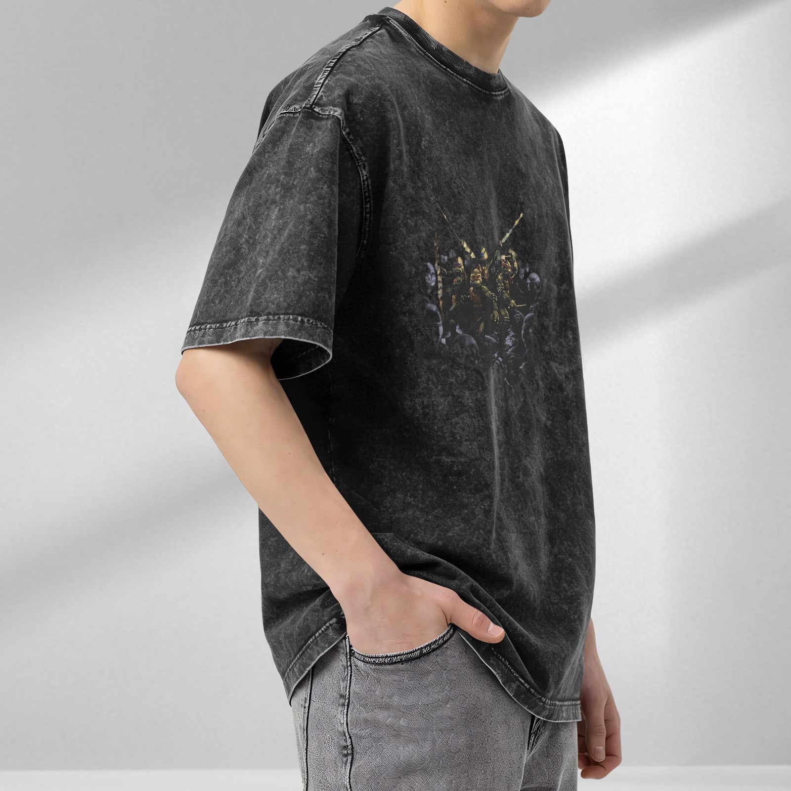 Washed Black Oversized T-Shirt With Ninja Turtles Graphic Print