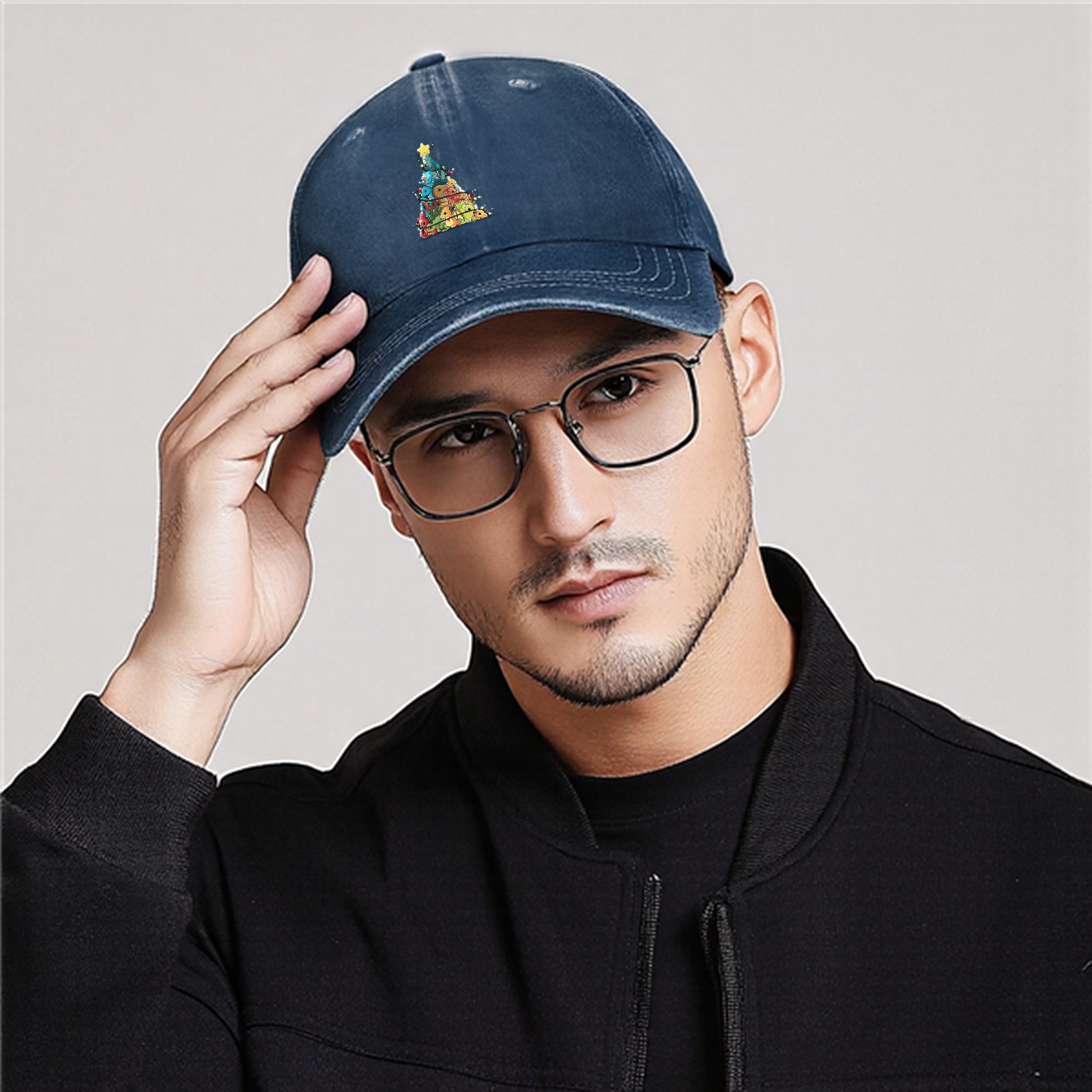 Washed Black Baseball Cap With Dinosaur Christmas Tree Print