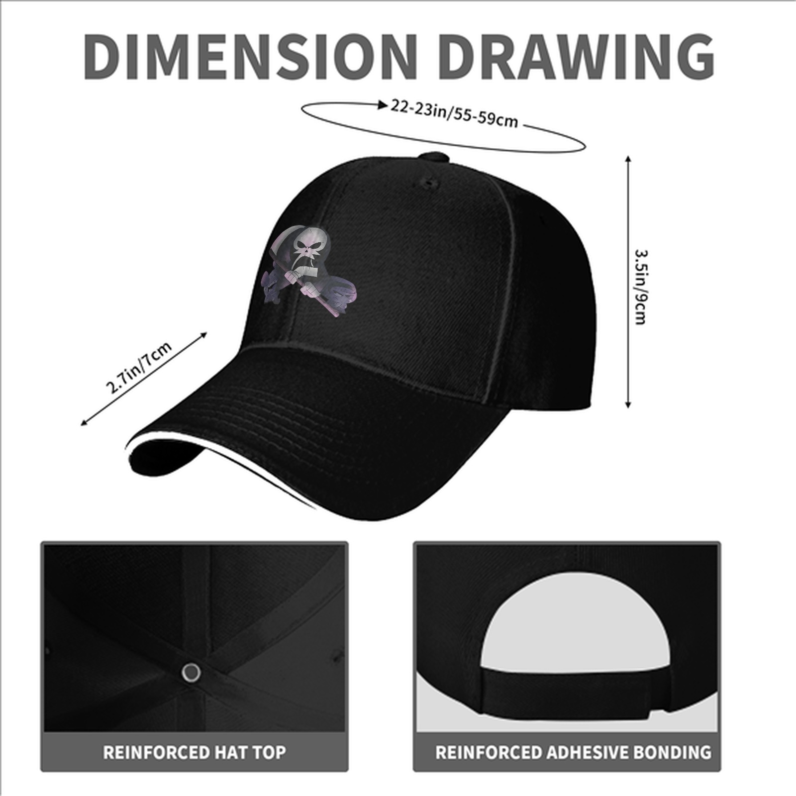 Black Baseball Cap With Grim Reaper Graphic Print
