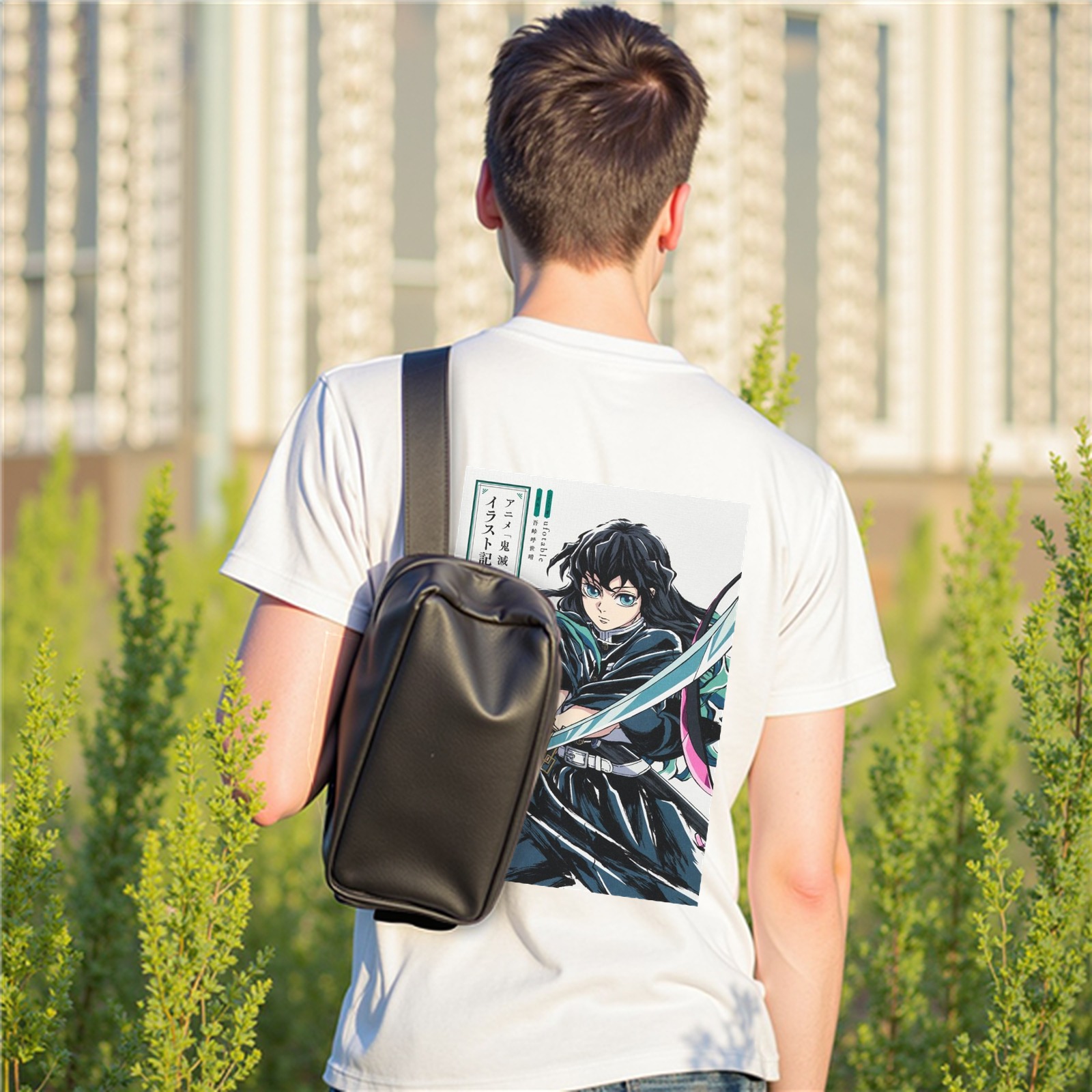 White T-shirt with Demon Slayer Muichiro Tokito Anime Graphic Print on Back