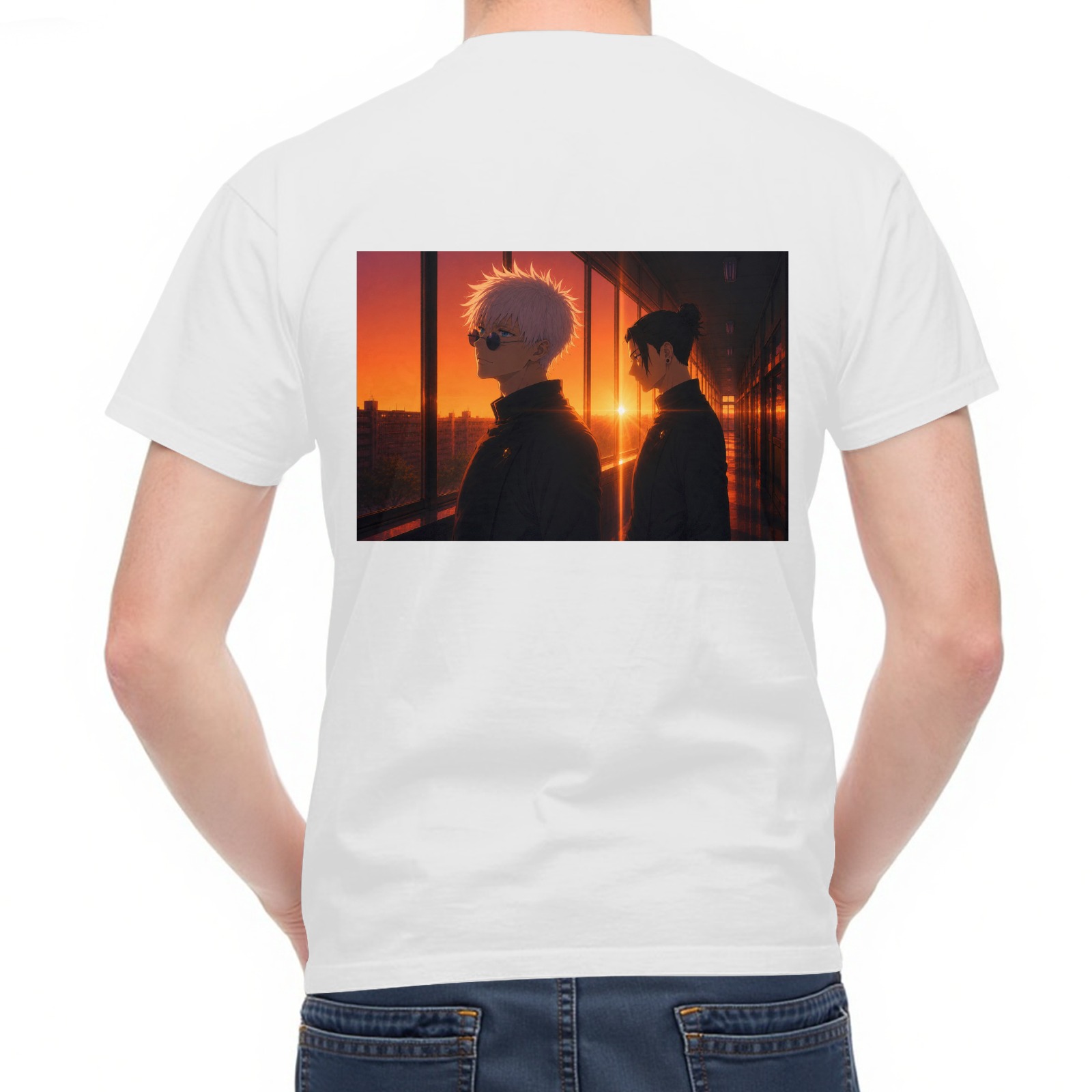 White T-shirt with Jujutsu Kaisen Satoru Gojo & Suguru Geto Sunset Anime Print, Back Design